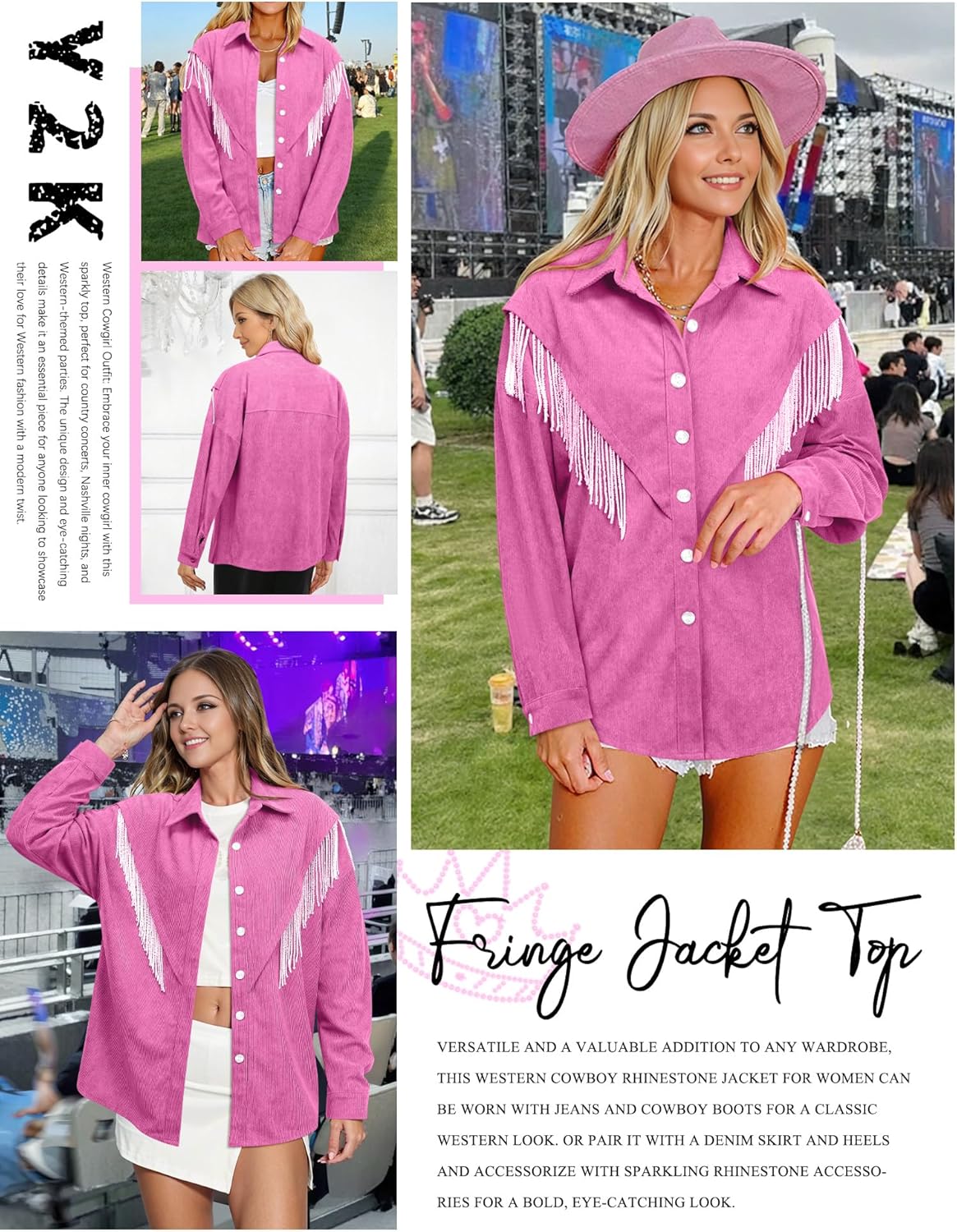 Nlife Womens Corduroy Nashville Sparkly Rhinestone Fringe Shacket Concert Outfits Long Sleeves Spakle Tassel Shirt Jacket - Image 4