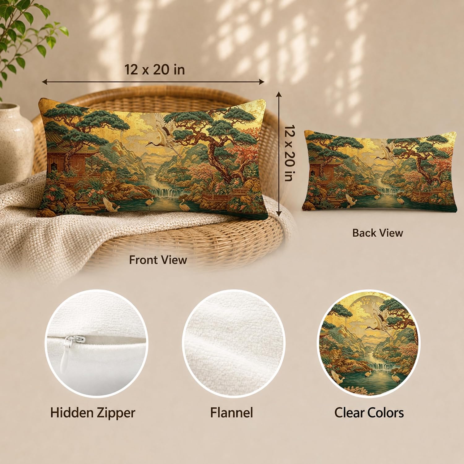 Vintage Chinoiserie Crane Floral 12x20 Pillow Cover Decor image 2