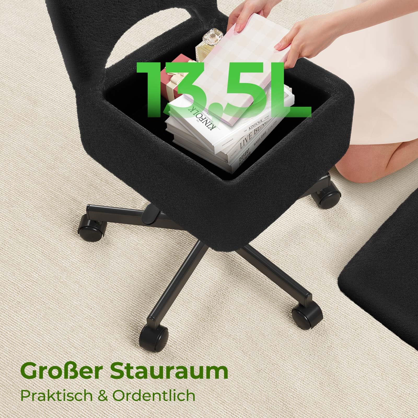 Rolanstar Schminktisch Stuhl mit Stauraum, Schminkstuhl, Höhenverstellbar, 360° Drehbar, Schreibtischstuhl mit Bequemer Klappbarer Rückenlehne, für Schminktisch, Schlafzimmer, Büro (Schwarz, Größe L)