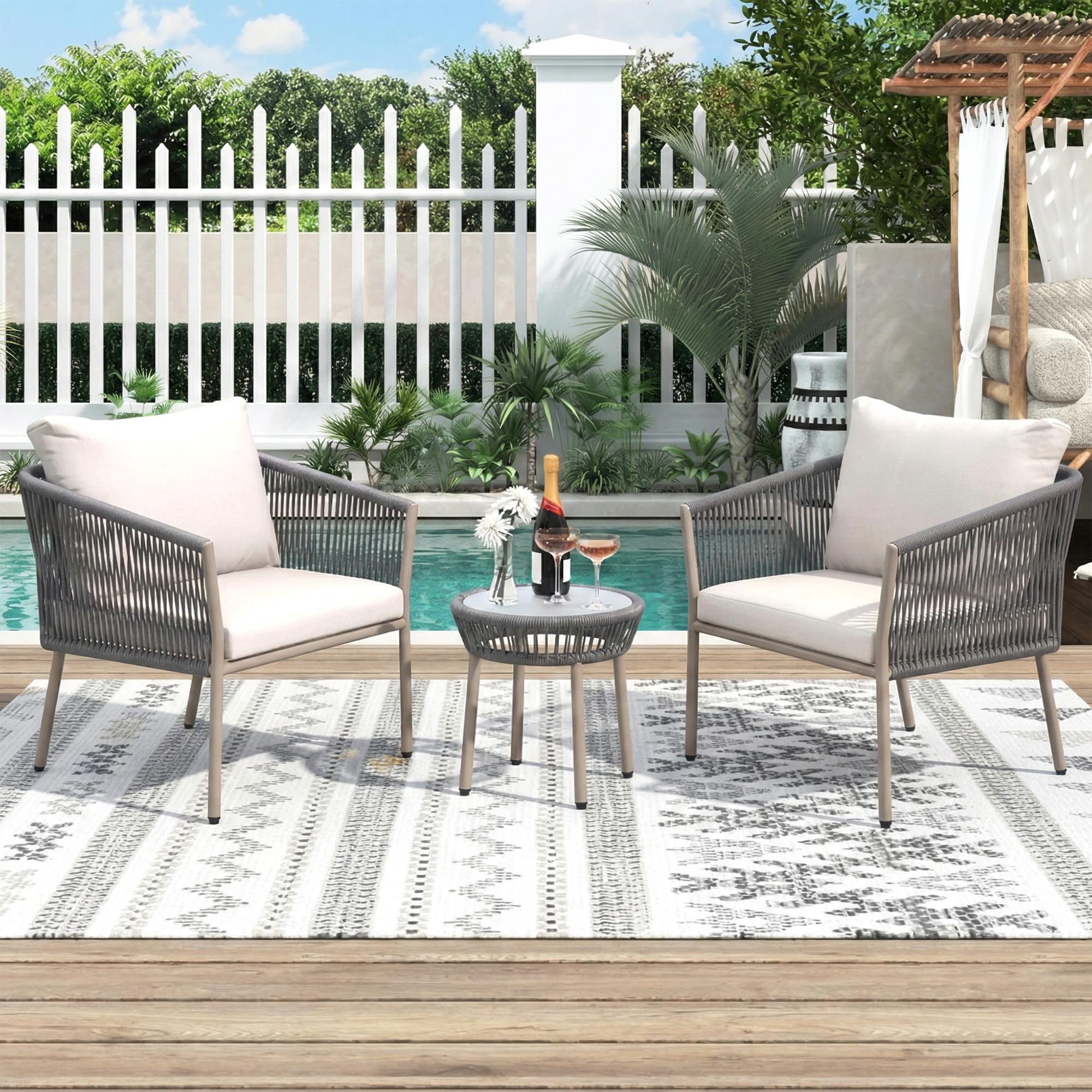 OUTLIVING Braid & Rope Garden Patio Seating Chair and Table Set Outdoor Balcony Garden Coffee Table Set Furniture with 1 Table and 2 Chairs Set with Cushion (Grey and White), 61 cm, 61 cm, 81.3 cm-image-8