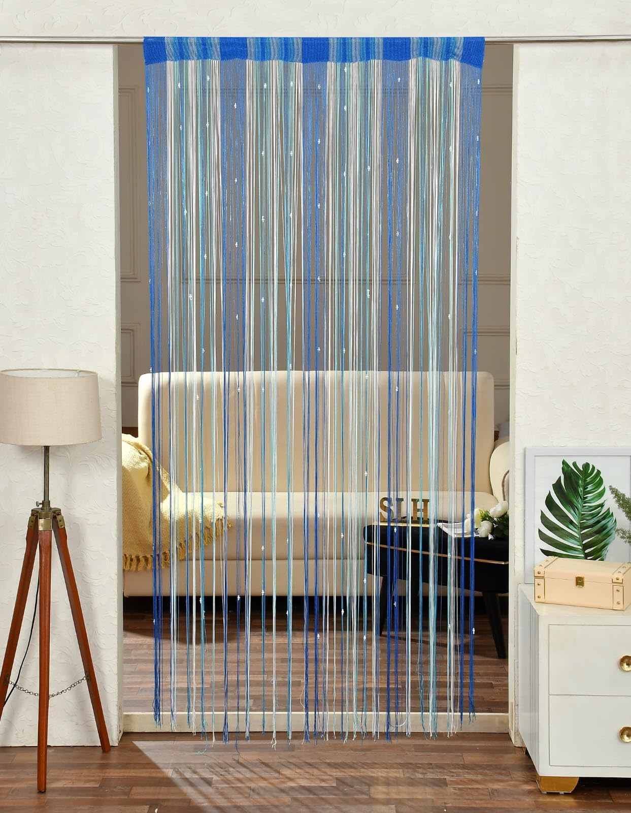ATELIERIUM Polyester String Thread Door Curtain for Home & Office – Brown Multi Decorative Doorway Curtain 4x7 Feet | Fancy Thread Curtains for Living Room, Bedroom & Pooja Room (Blue)