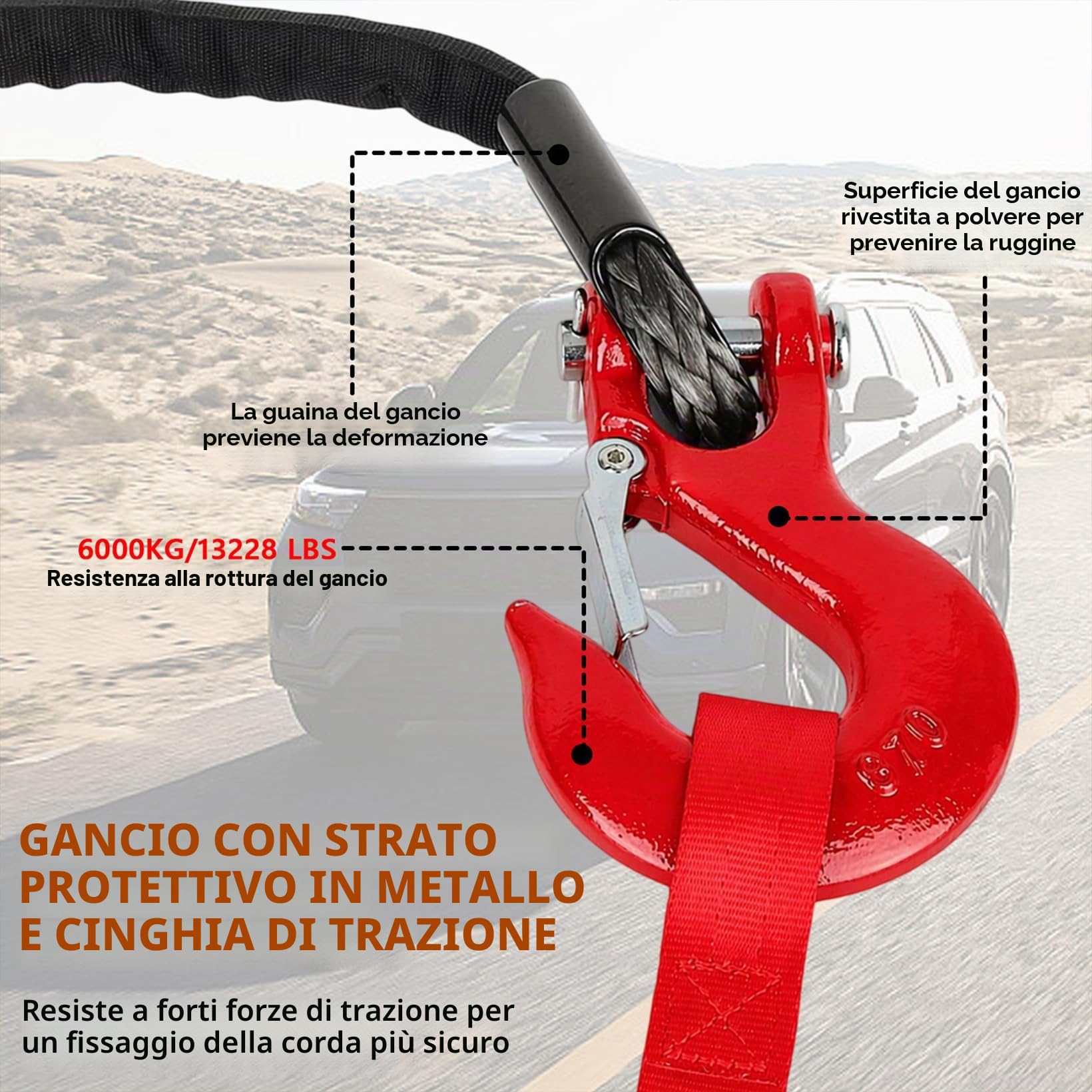 Corda Verricello, Corda Traino 8mm x 15M, Corda Sintetica 12 Fili con Copertura Protettiva e Gancio in Metallo, Corda Forestale Forza Massima di Trazione 6000KG, per ATV UTV SUV Camion Barca Offroad