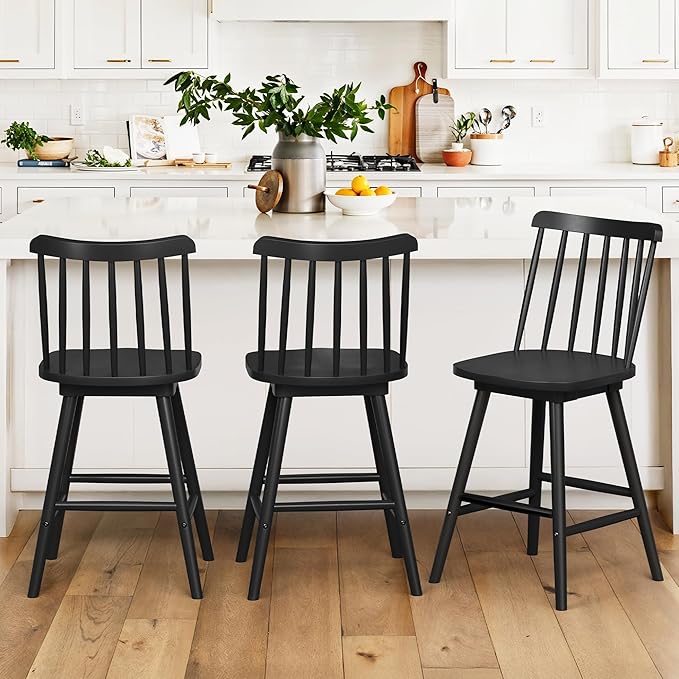 LUE BONA 360° Swivel Bar Stools Set of 3, Black Windsor Barstools, Counter Height Barstool with Spindle Back, 24 inch Farmhouse Wooden Counter Stools for Kitchen Island, Pub, Bistro, Cafe, Dining Room