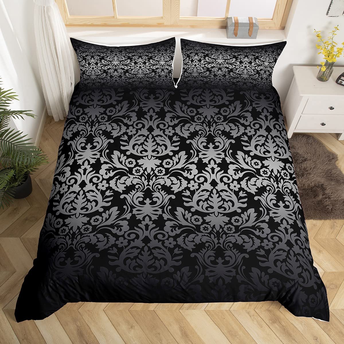 Housse de couette King Size noir style baroque victorien pour lit adulte
