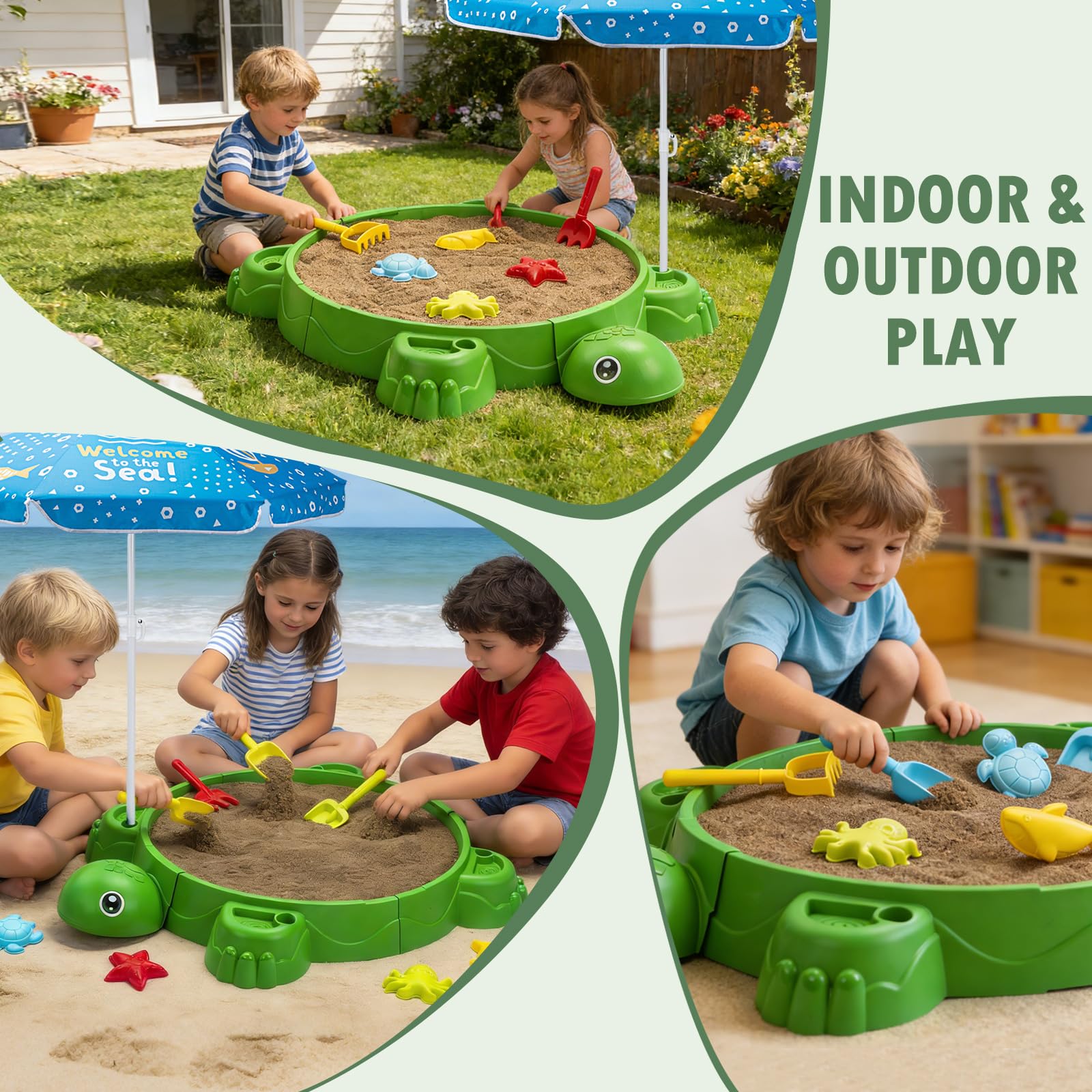 VROGTIK Schildkrötensandkasten mit Sonnenschirm & Deckel, Kinder Sandkasten, Strandspielset mit Meerestiere-Zubehör, Wetterbeständig Sandspielzeug für Garten & Strand, Ab 3 Jahren