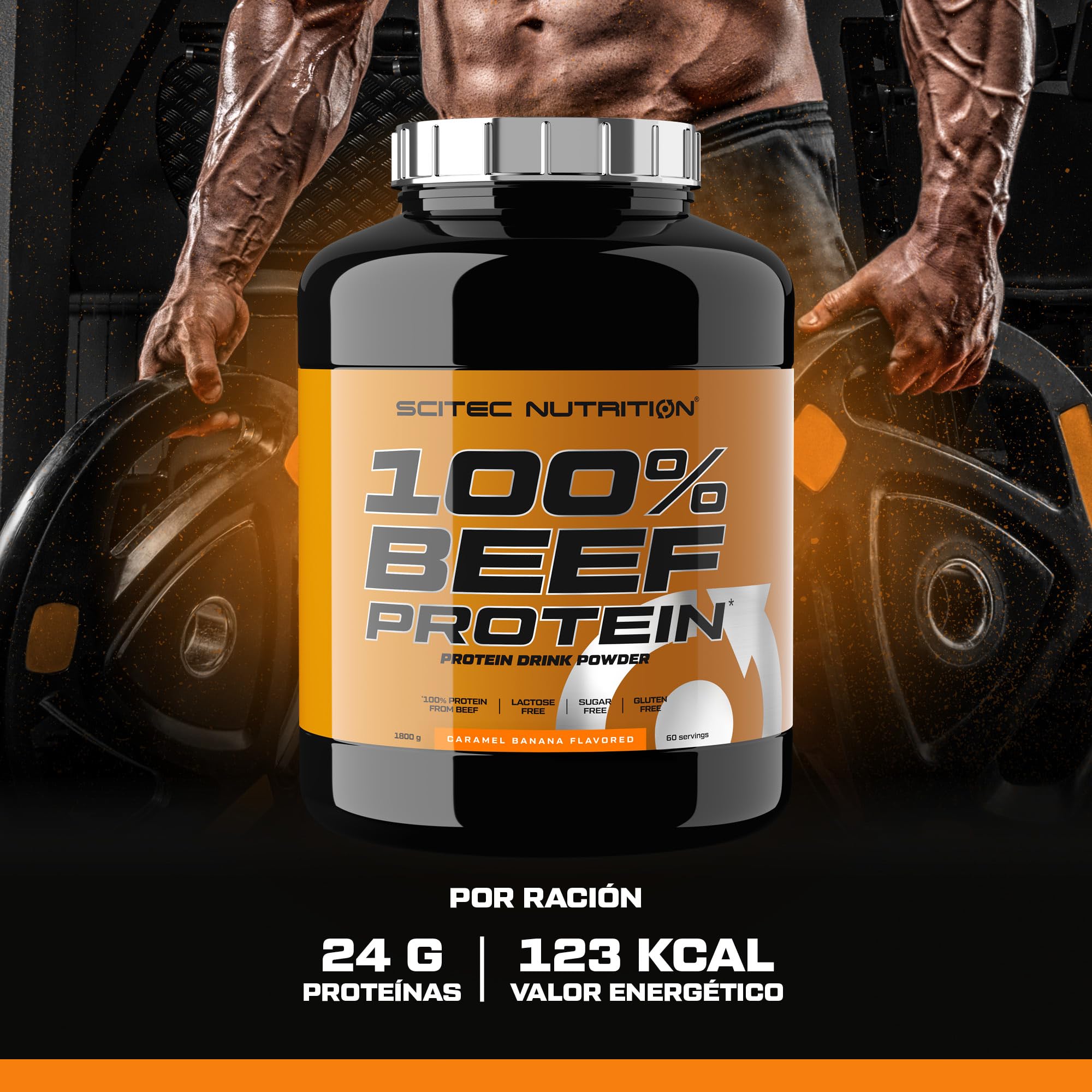 Scitec Nutrition 100% Beef Protein - Bebida proteica en polvo aromatizada - Sin lactosa, Sin azúcar, Sin gluten, 1,8 kg, Plátano con Caramelo