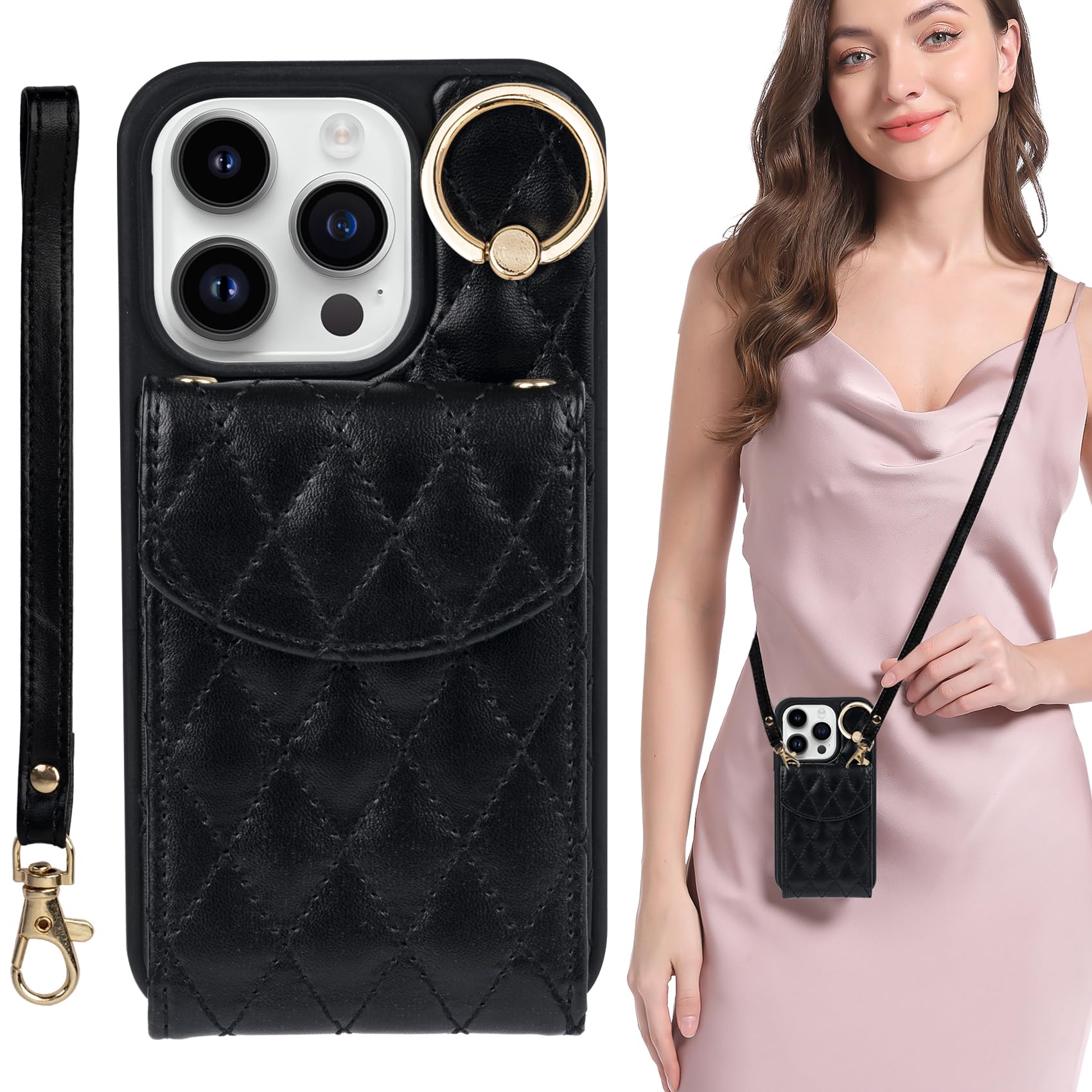 Keallce Case for iPhone 14 Pro Max 6.7'', Crossbody Wristlet Case Wallet with RFID Blocking Card Slots, Ring Stand, Flip Folio Leather Magnetic