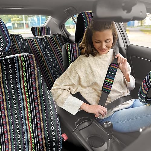 Miniatura 6 de Frienda Juego completo de 14 fundas de asiento de automóvil Baja con estampado bohemio de rayas multicolor para volantecinturón de seguridad,