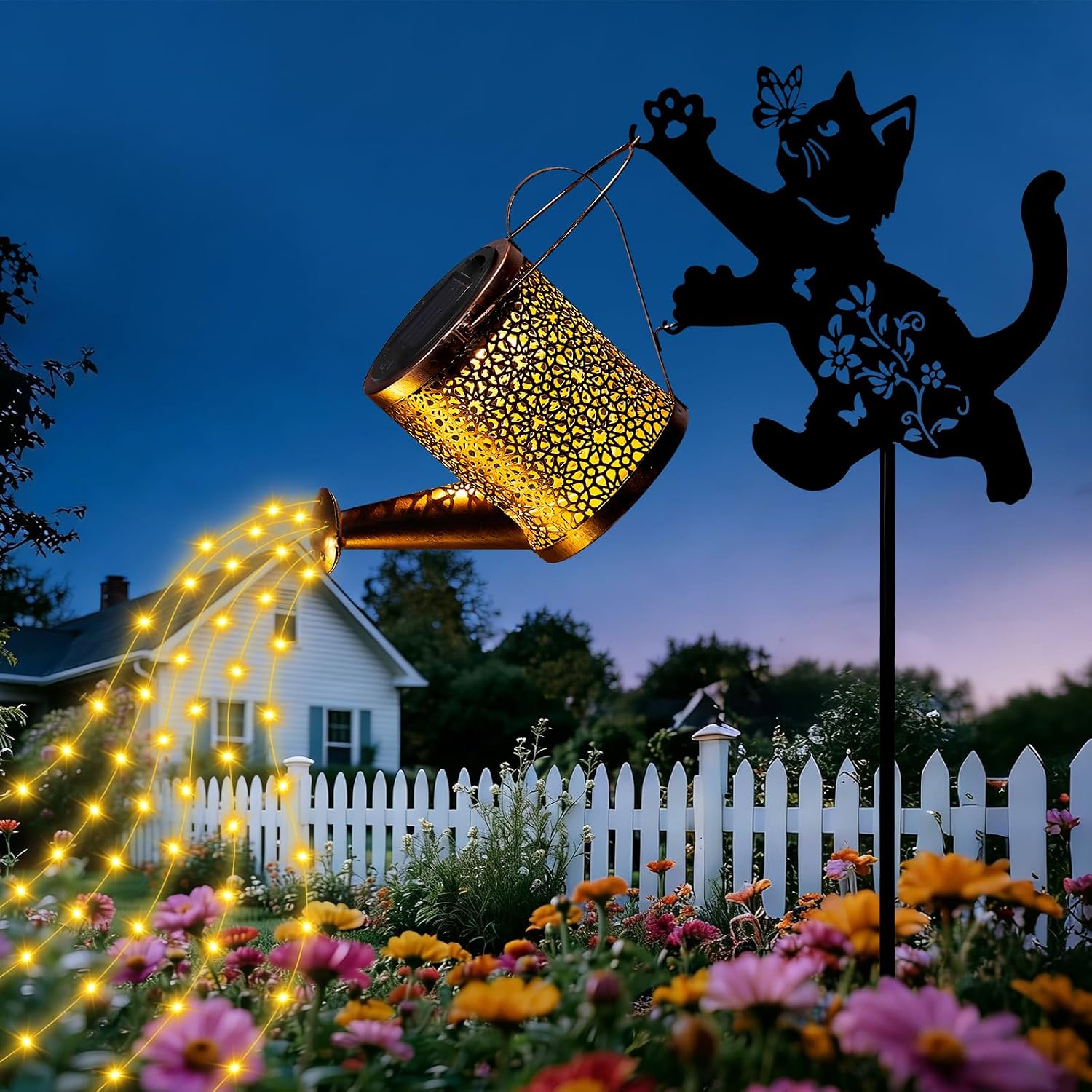 Solar Watering Can Lights with Cascading Light, Cat Solar Lights Outdoor Garden Decor Stake, Cat Lover Gifts for Women Mom Grandma, IP65 Waterproof Hanging Lantern for Pathway Lawn Patio Yard