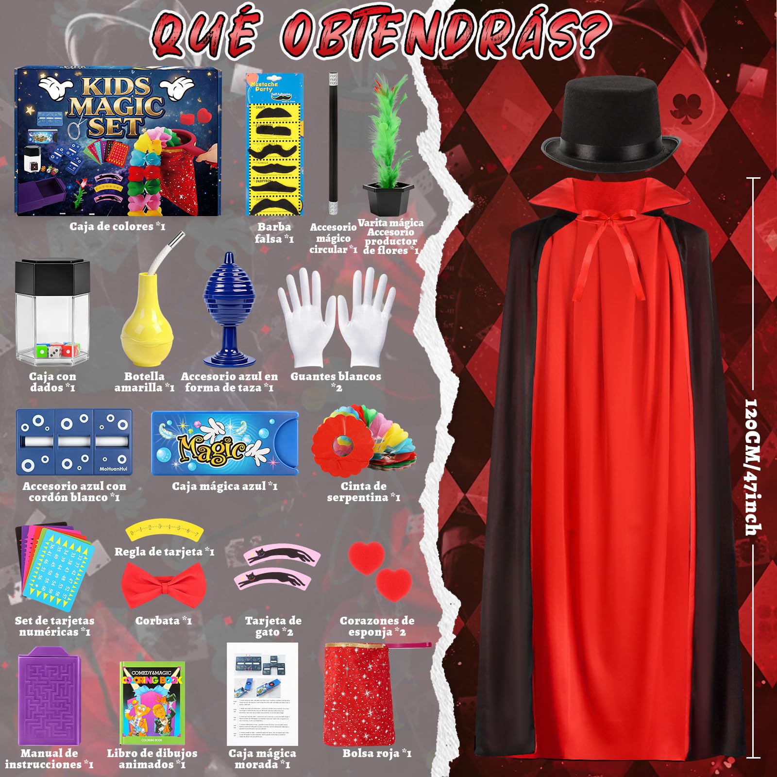 BuzzoXerex Juego de Magia, Disfraz Mago Niño con Accesorios de Mago e Instrucciones, Juego de Magia Niños 6 7 8 9 10 11 12 Años para Carnaval