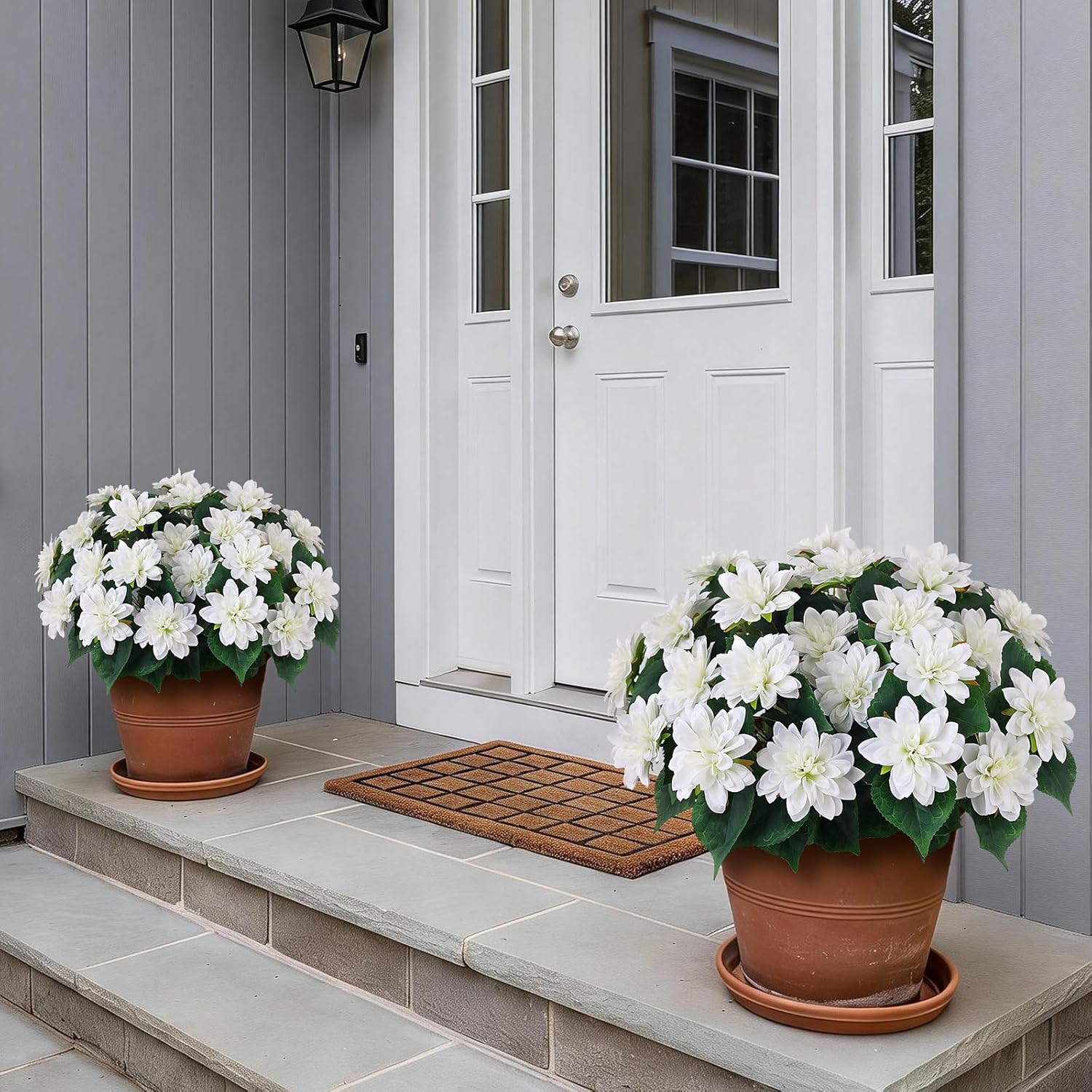 VIERENA 8 Bundles Artificial Dahlia Flowers for Outdoors Spring Summer Decor, No Fade Silk Flower Faux Dahlias Plant Arrangement for Home Garden Balcony Farmhouse（White）