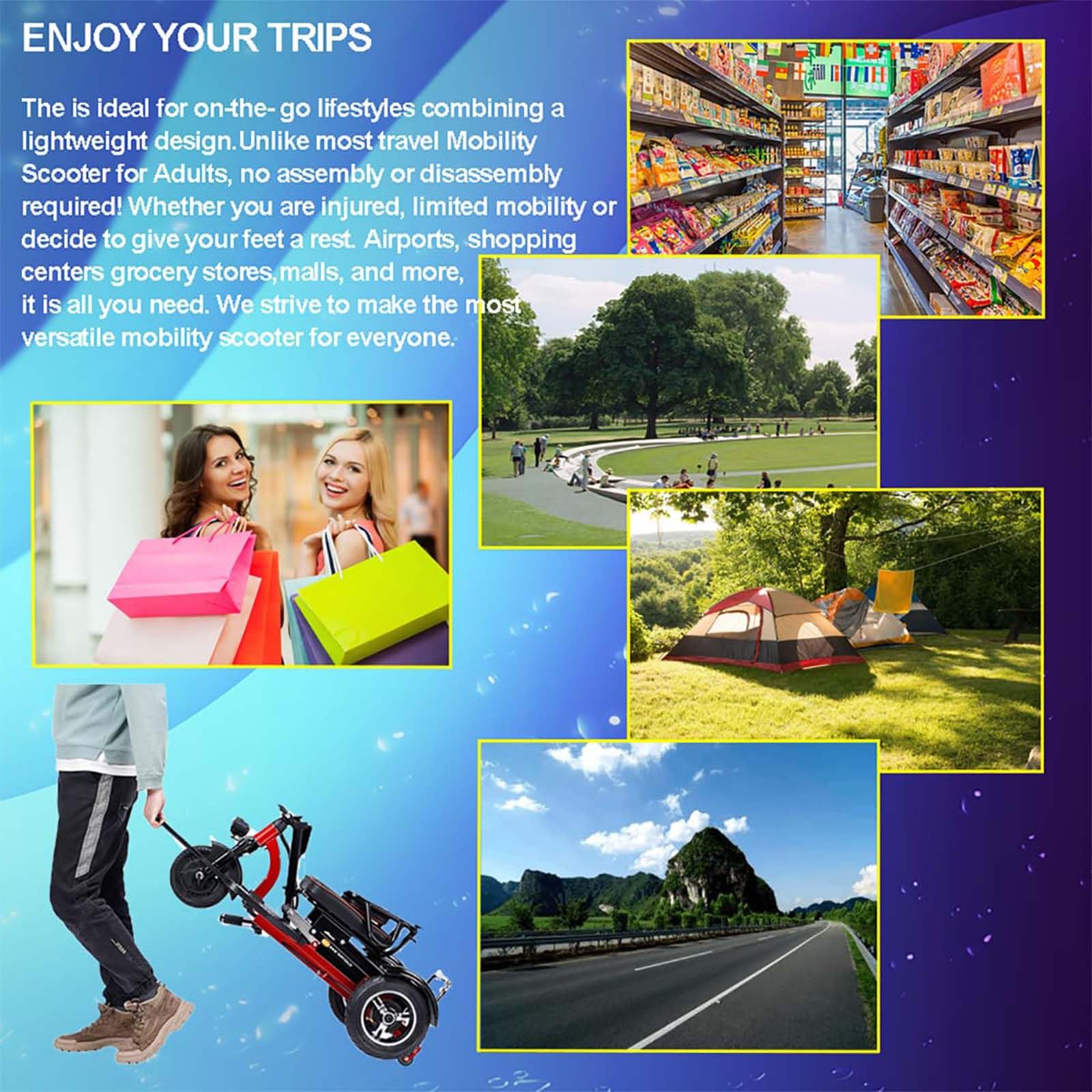 Scooter de mobilité Pliable et léger pour Adultes, Chargeur et Panier Inclus, destiné aux Personnes âgées et à mobilité réduite,001,20AH