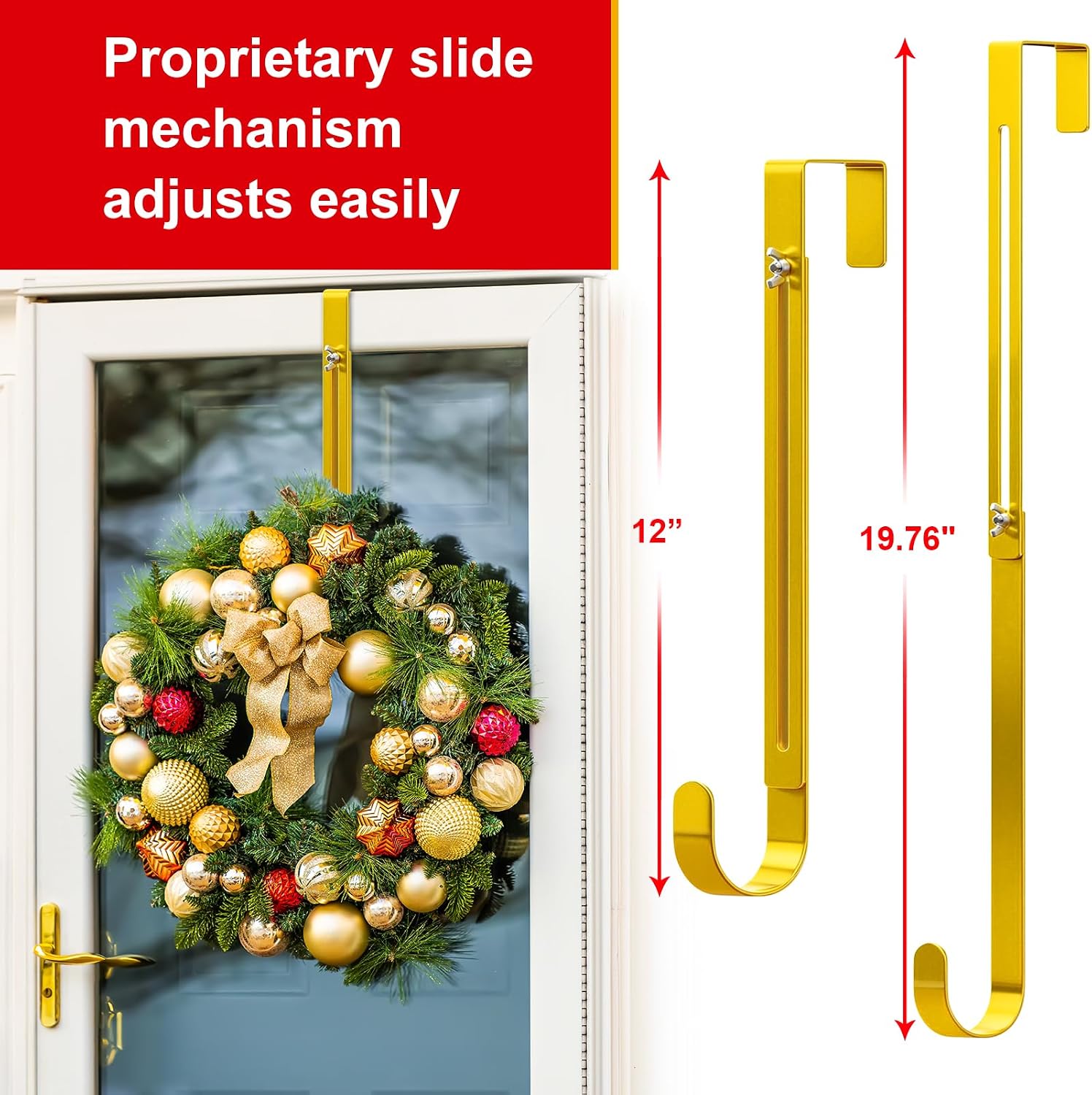 Gold Wreath Hanger for Front Door, 2 Pack Adjustable From 15-25 Inch Over The Door Hook, Ultra-Thin Heavy Duty Metal Wreath Holder for Christmas, Spring Easter Halloween Welcome Sign Decorations