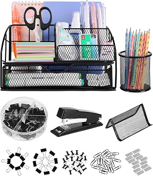 Desk Organizer and Accessories - Office Supplies Desk Organizer Set, 6 Compartments, Stapler, Pen Holder, 72 Accessories for Office, Home, School, Black