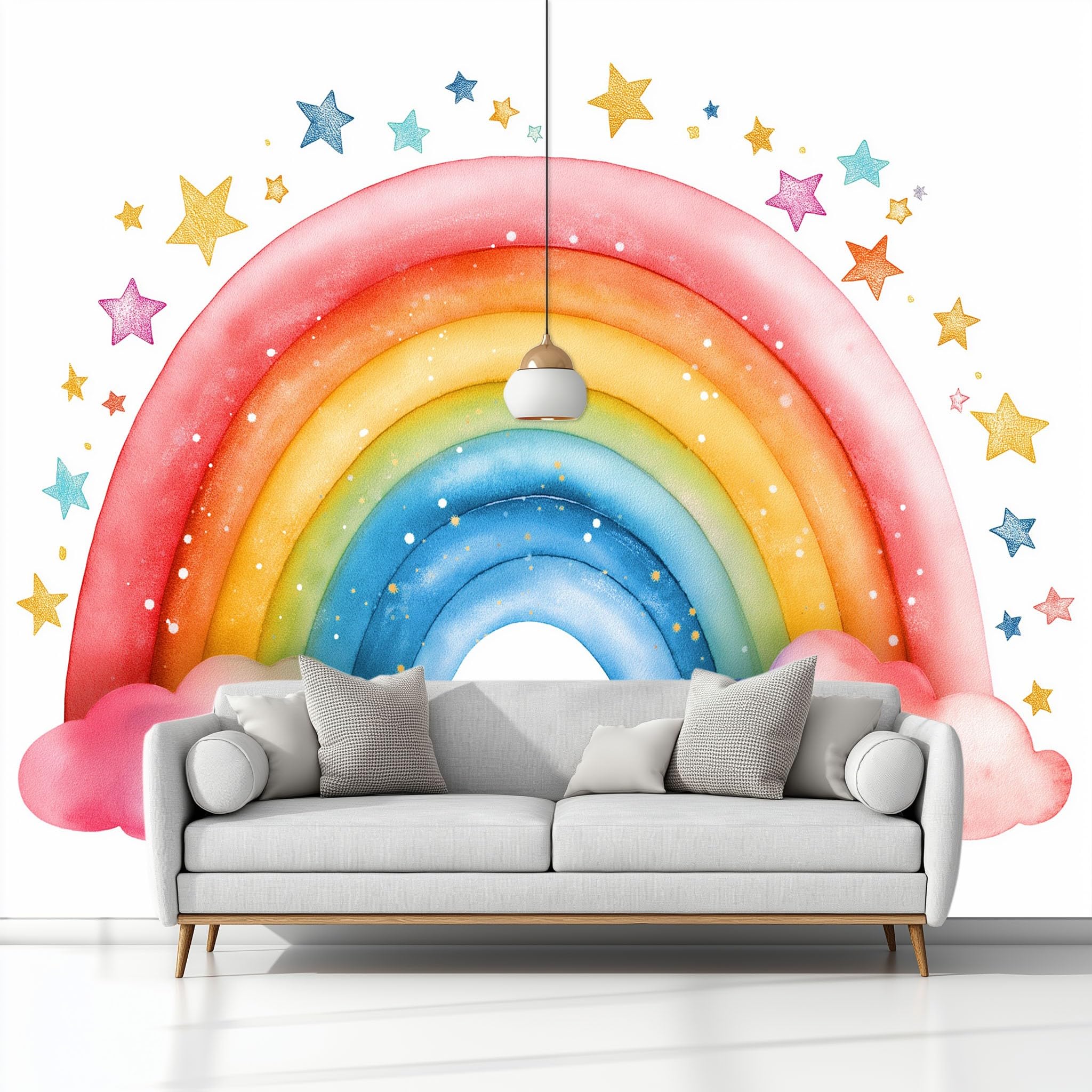 Panoramiczna tapeta 3D bajkowa tęcza gwiazdy różowe chmury 350 x 256 cm, tapeta z włókniny - fresk ścienny do salonu, sypialni i biura, dekoracja ścienna druk HD