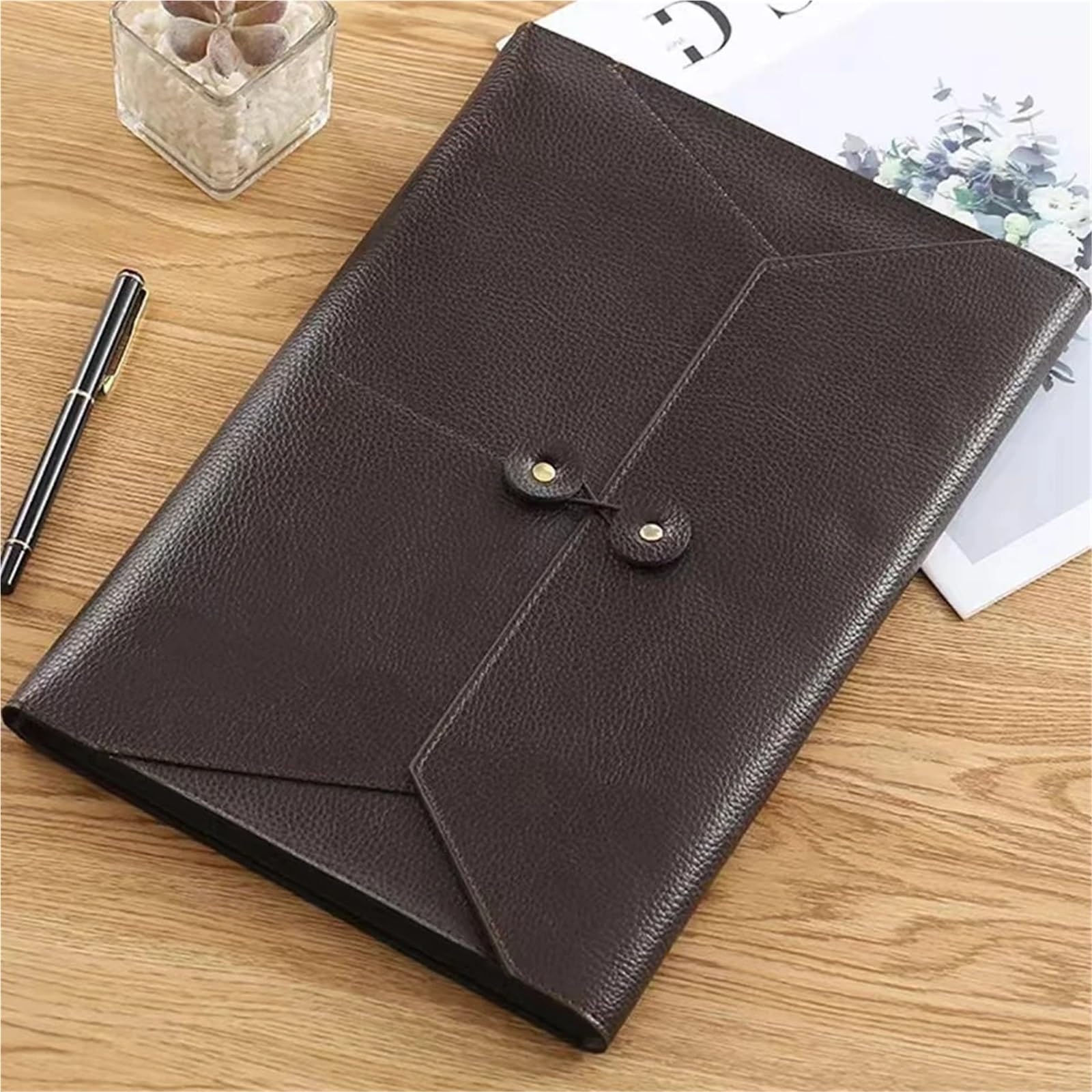Custodia Portadocumenti In Pelle Cartella portadocumenti in pelle di grande capacità, borsa con fibbia, impermeabile, for ufficio, contratto, organizzatore fatture(Brown)