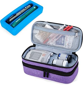 LUXJA 2 Layers Insulin Case with an Ice Pack - Holds 6 Vials 10ml or 2 Insulin Pens, Diabetic Bag with Supplies Storage Pockets, Purple