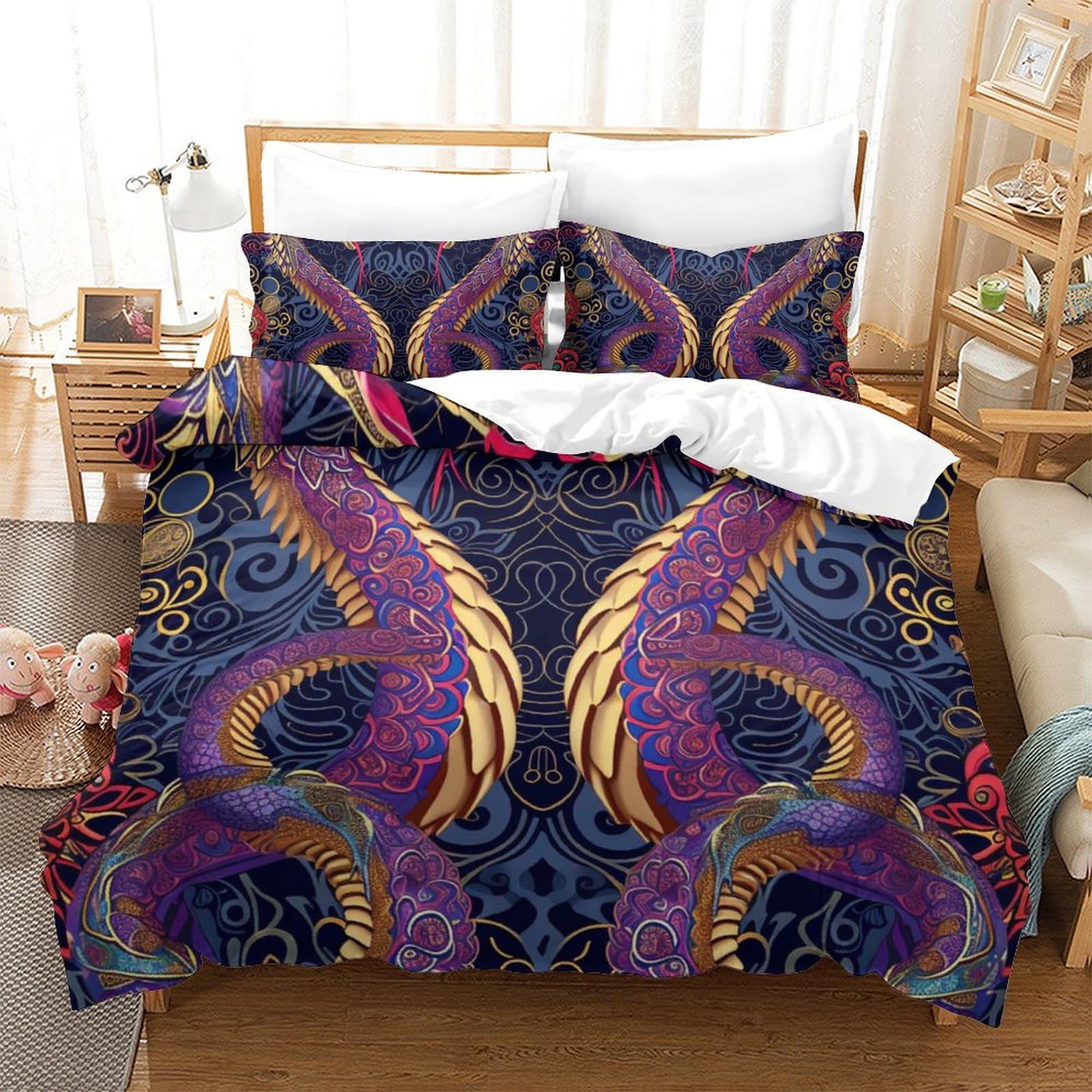 Housse de couette dragon microfibre super douce grand lit 3 pièces
