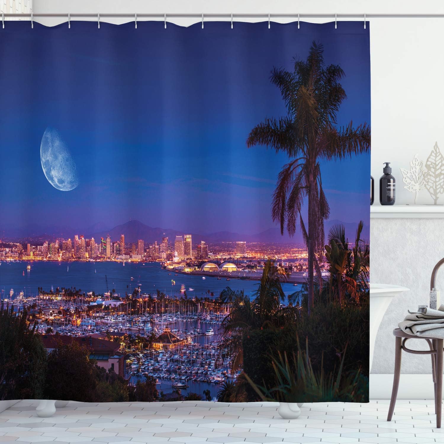 Ambesonne USA Shower Curtain, San Diego California Night with Large Moon on The Horizon Yachts Panorama, Cloth Fabric Bathroom Decor Set with Hooks, 69" W x 75" L, Navy Blue