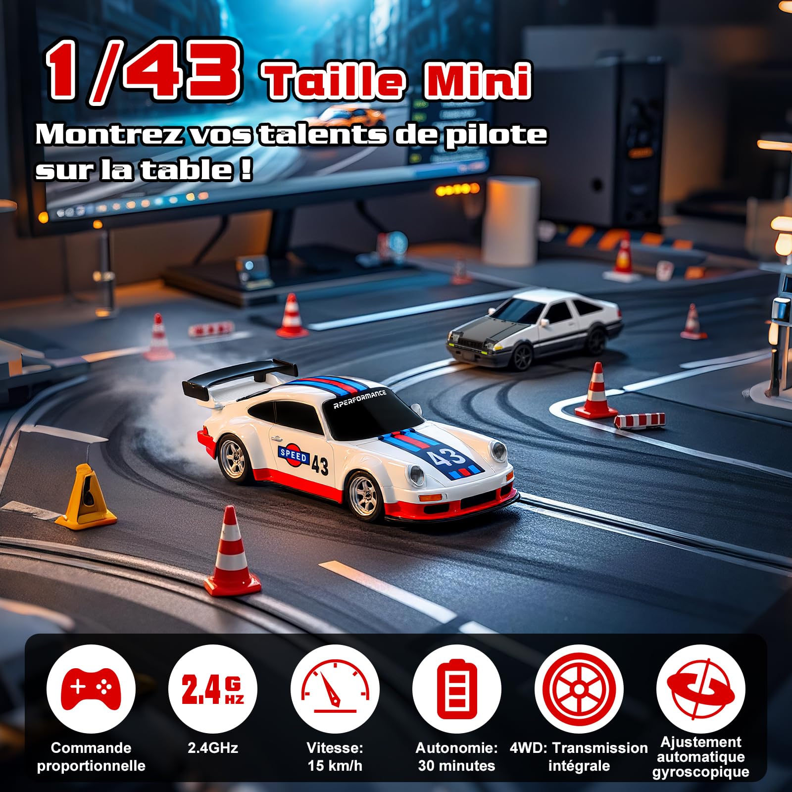 Joellfuner Voiture Télécommandée Drift Pro, 1:43 Mini RC Drift Car, 4WD Dérive Car, Mini Voiture Télécommandée avec Gyros, 15km/h, Cadeau de Jouet pour Les Enfants de Plus de 14 Ans (Gyroskop)
