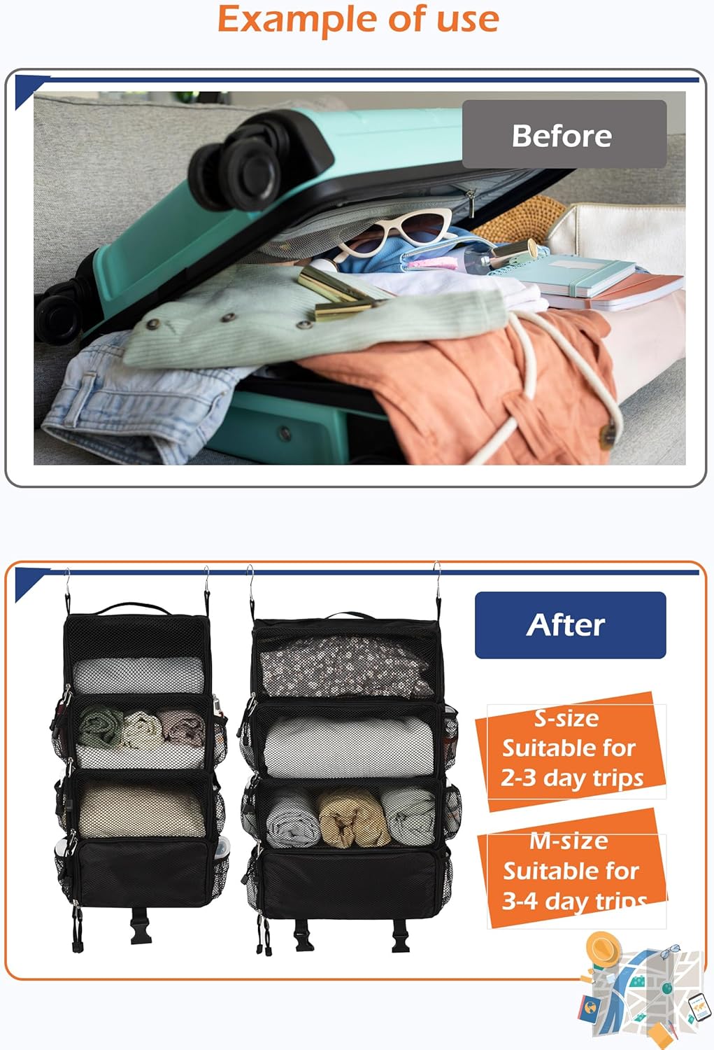 TABITORA Travel Luggage Organizer insert Hanging Packing Cubes for Suitcase Carry on Closet Hanging Shelves Folding(Black,S) - Image 4