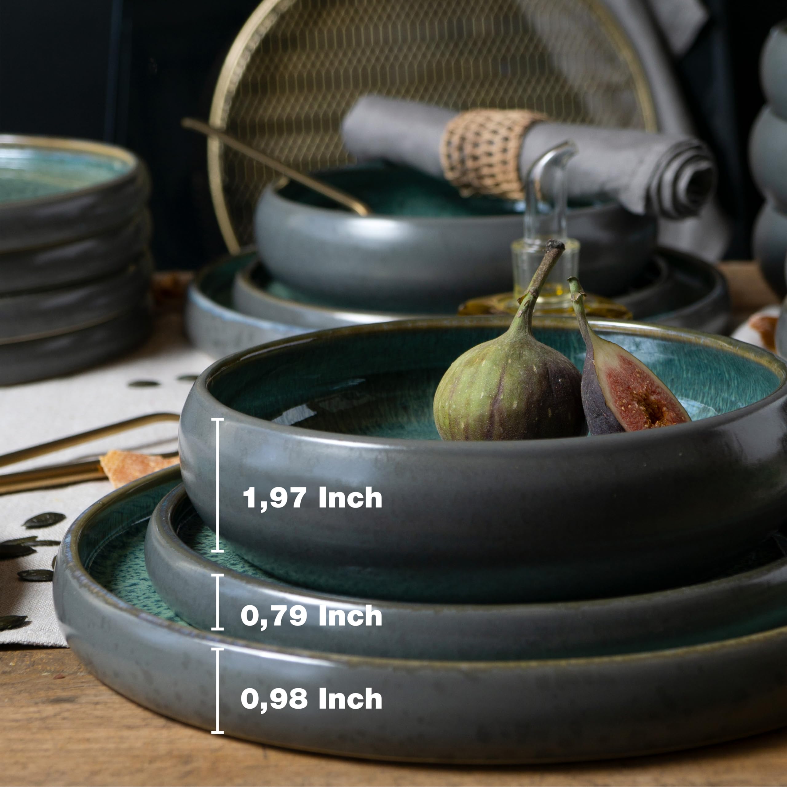 Moritz & Moritz Solid - Vajilla de gres (12 piezas, 4 personas, 4 platos pequeños, cuencos grandes), color verde