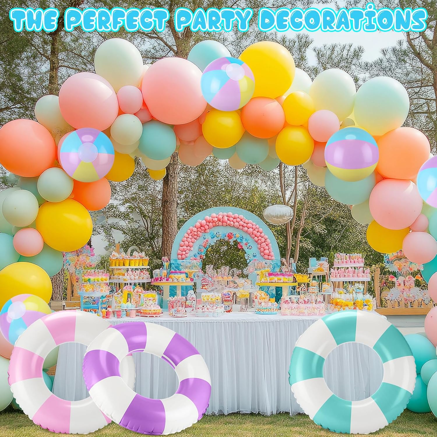 12 Pcs Pool Floats Included 6 Pastel Inflatable Beach Balls and 6 Swimming Rings for Adults, Jumbo Big Macaron Beach Balls Striped Tubes for Summer Pool Supplies