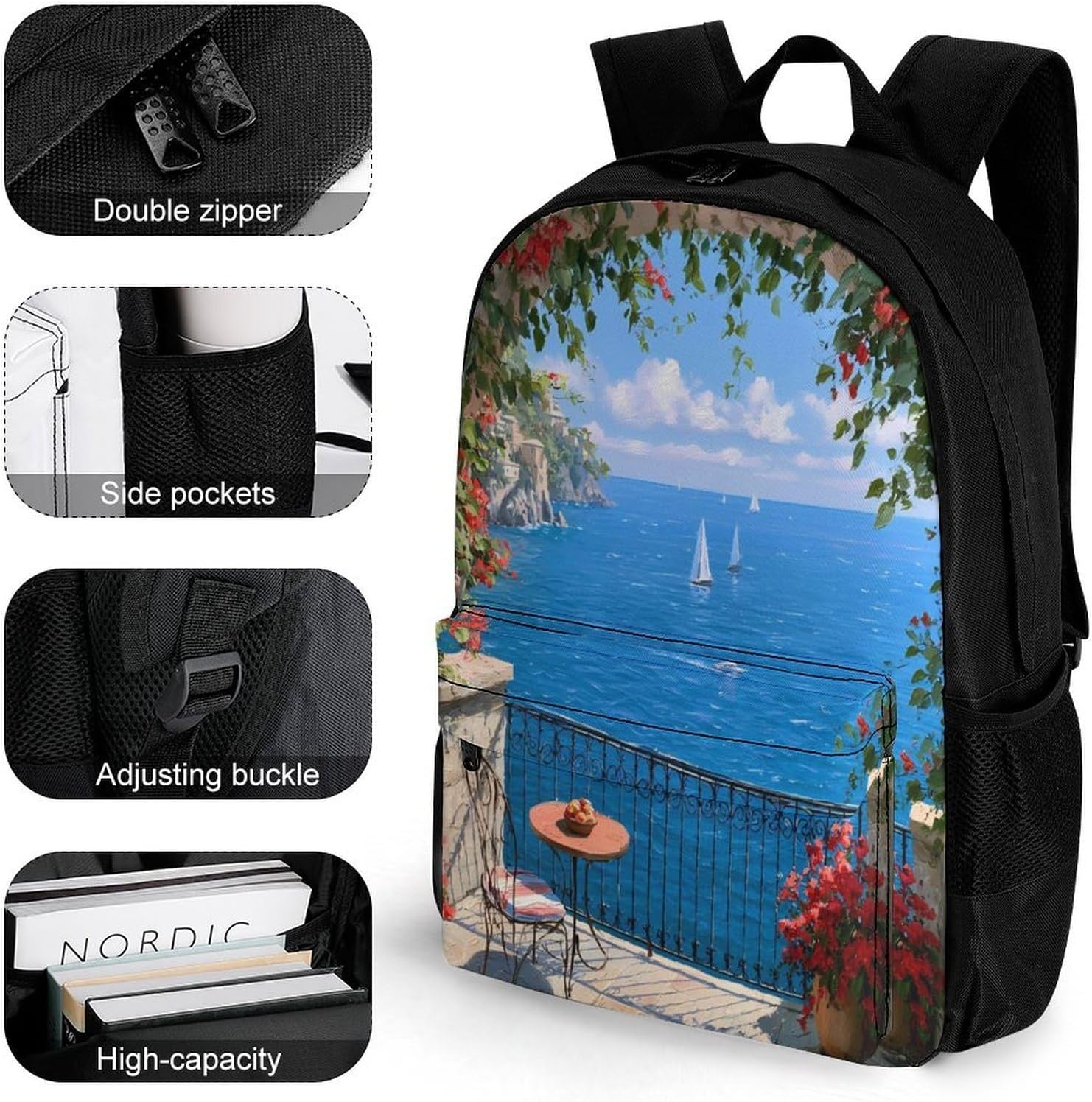 Mediterranean Terrace Ocean View Backpack Lightweight Backpacks Work Bag