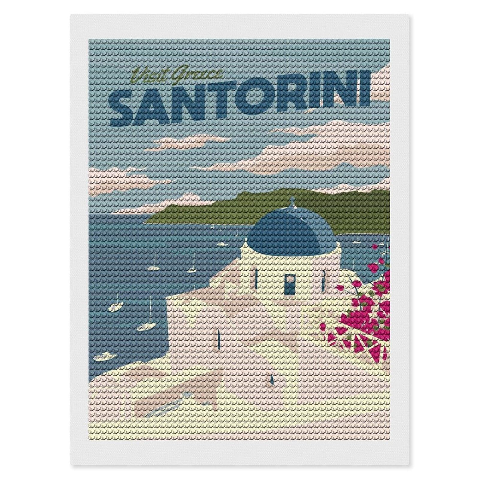 Junmoney Santorini Diamond Painting Canvas Kit 12"x16", Adhesive Canvas, Living Room Decor, Farmhouse Decor, Winter Craft
