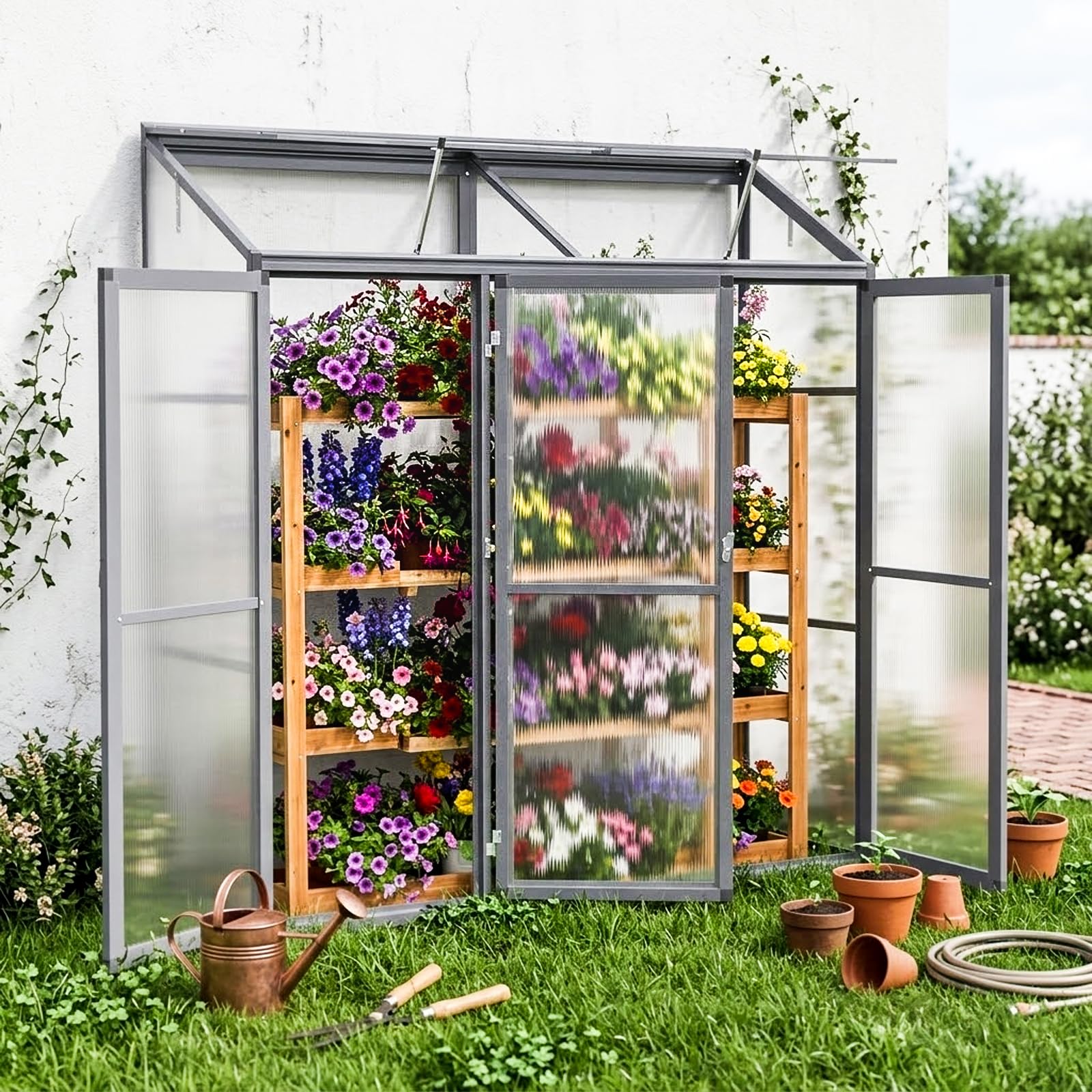Anlehngewächshaus Tomaten Gewächshaus 180x55x190cm Aluminium - Beistell-Gewächshaus mit Rückwand, Winterfest Kleines Gewächshaus für Balkon & Garten, Frühbeet Treibhaus (Grau)