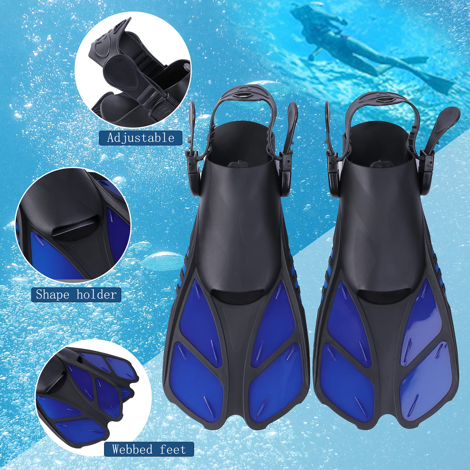 Aletas de buceo ajustables cortas para natación y piscina Snorkeling con bolsa para adultos para hombre y mujer, tacón abierto (azul, S)