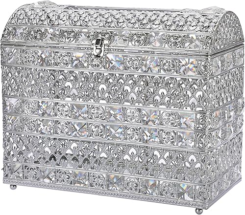 ELLDOO Caja de tarjetas de boda de cristal con tapa, caja de tarjetas de dinero vintage, estilo cofre del tesoro, regalo plateado para recepciones