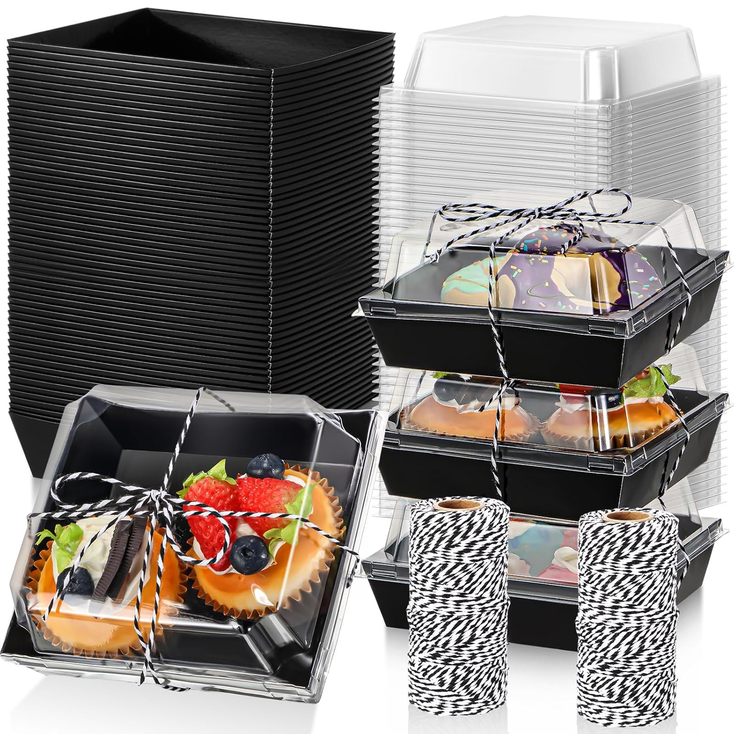 Suclain 402 pcs Charcuterie Boxes with window cookie boxes with Clear Lids and Rope 4" Disposable Square Dessert Boxes for Party Favor(Black)