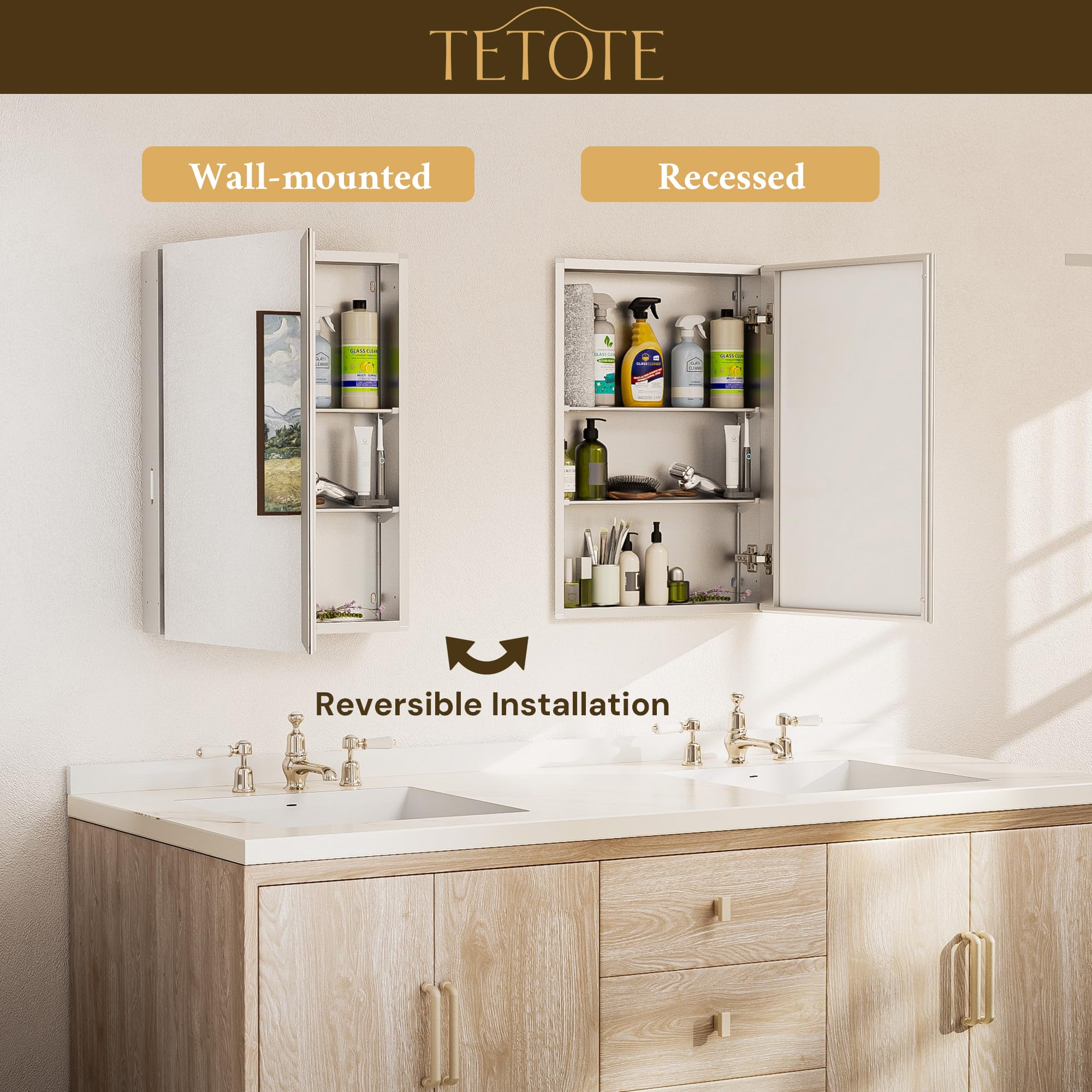TETOTE Armoire à Pharmacie de 40 x 32 cm avec Miroir biseauté trempé, Armoire à Pharmacie argentée en Aluminium, charnières DTC, étagères réglables en continu, encastré/Montage en Surface