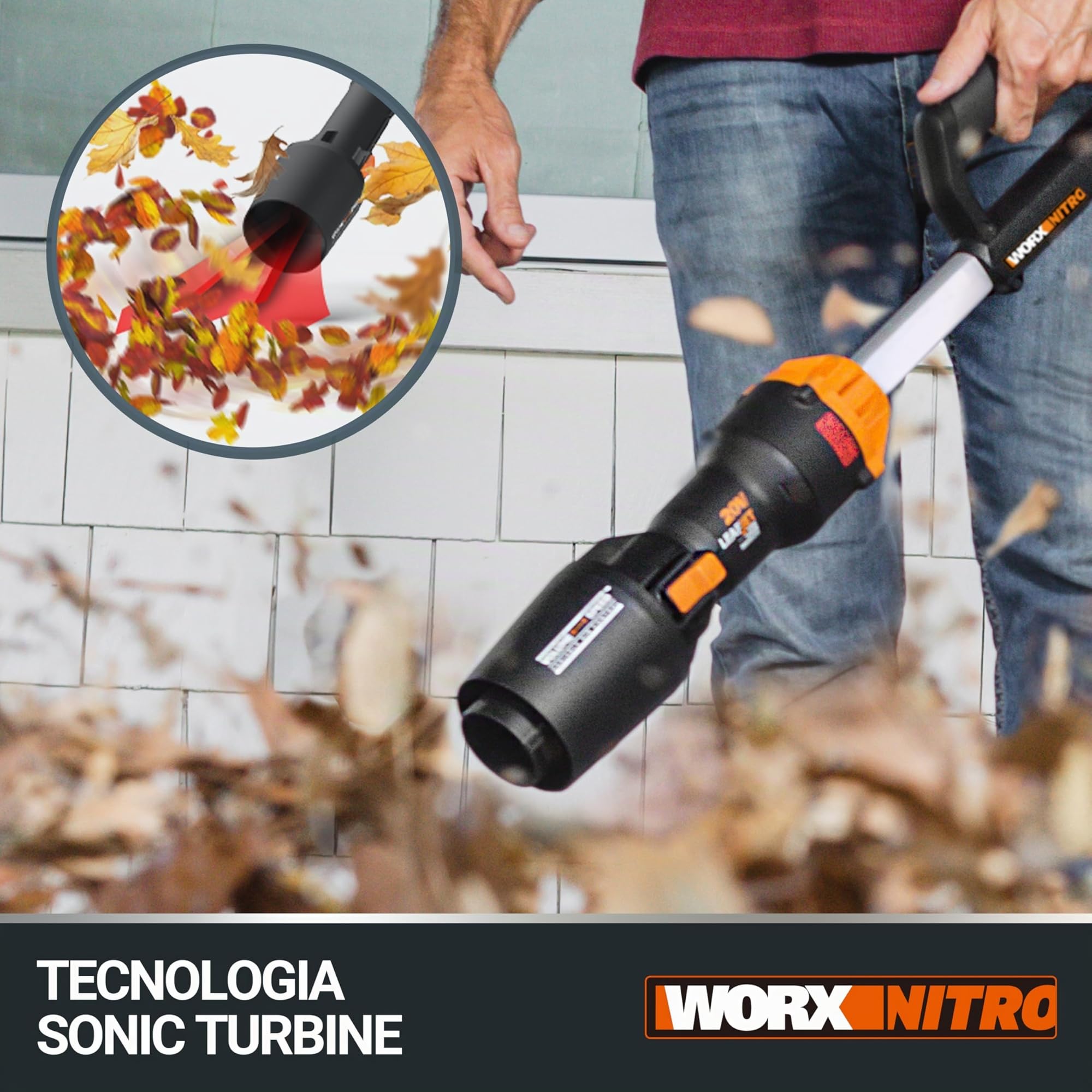 WORX Nitro WG543E.1 - Soffiatore professionale a batteria, 20 V, motore brushless 2.0, max. 209 km/h, 2 livelli di velocità, con batteria PowerShare da 4,0 Ah, caricatore e kit per grondaie GUTTERPRO