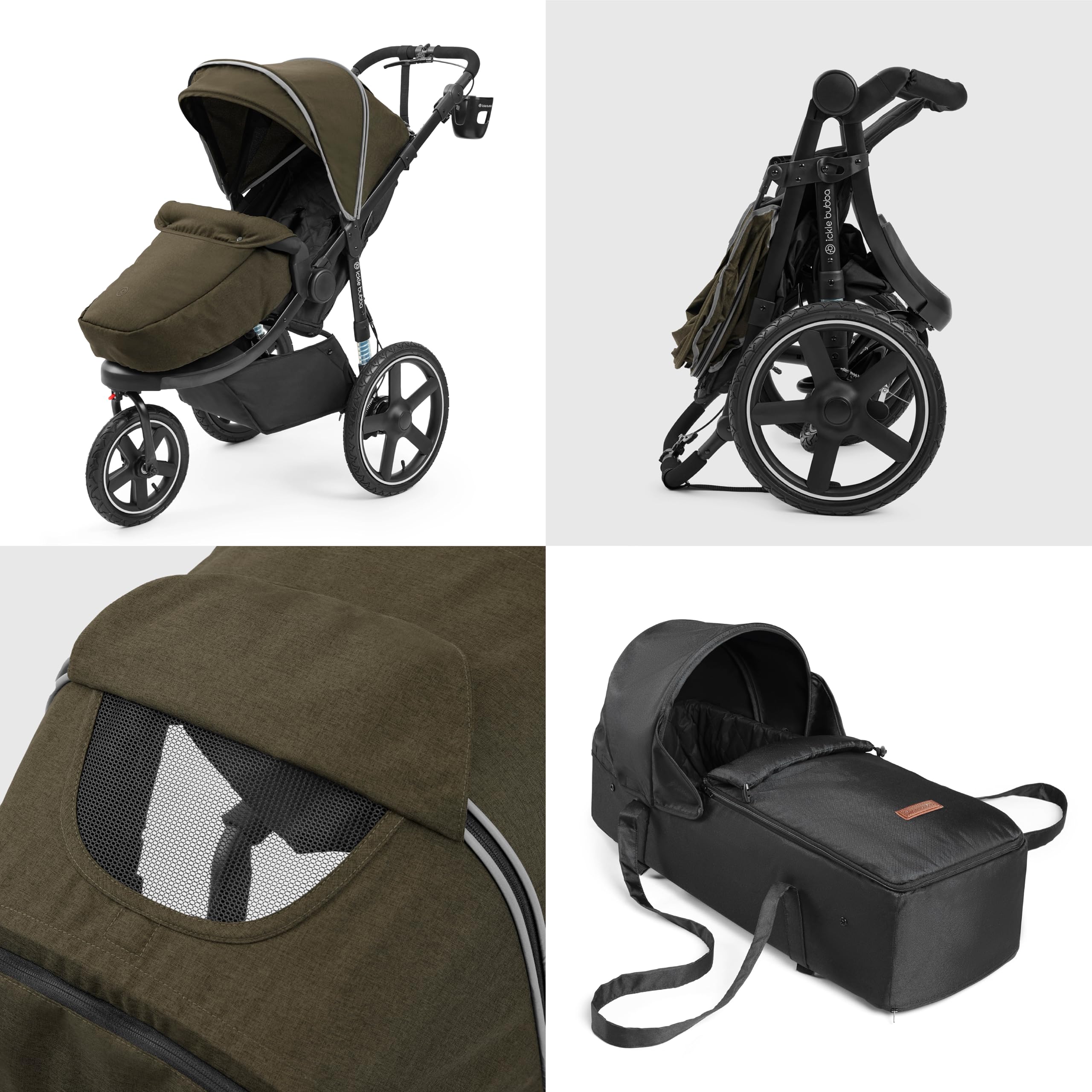 Ickle Bubba Venus Jogger Pro Prime, Poussette 3 Roues Tout-terrain, De la Naissance à 22 kg, avec Cocon Nouveau-né, Porte-gobelet et Organisateur (Bois)