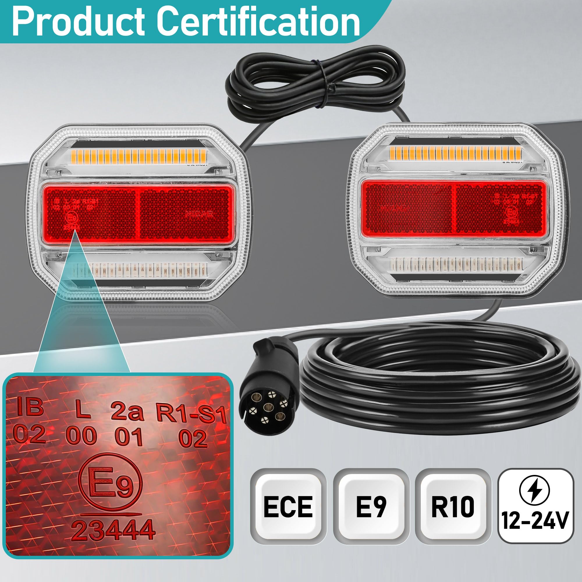 Pilotos Traseros Remolque Iman 12V 24 V Pilotos Led Remolque con Cable,Kit Luces Remolque Iman con Enchufe 7 Pines & 7.5m Cableado para Remolques Camion Tractor ECE IP67 Homologados