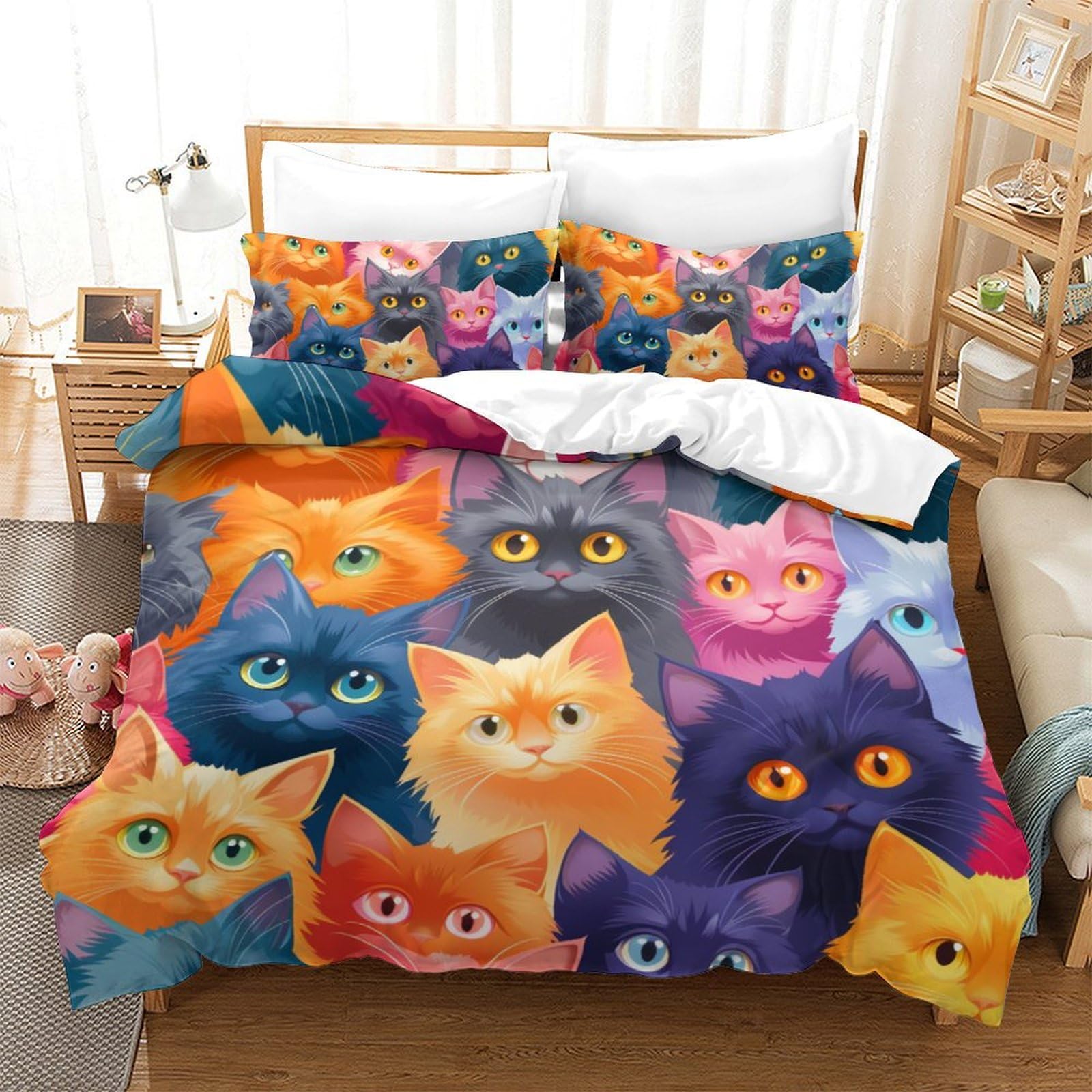 Housse de couette chat 3D parure de lit 3 pièces microfibre avec taies d'oreiller