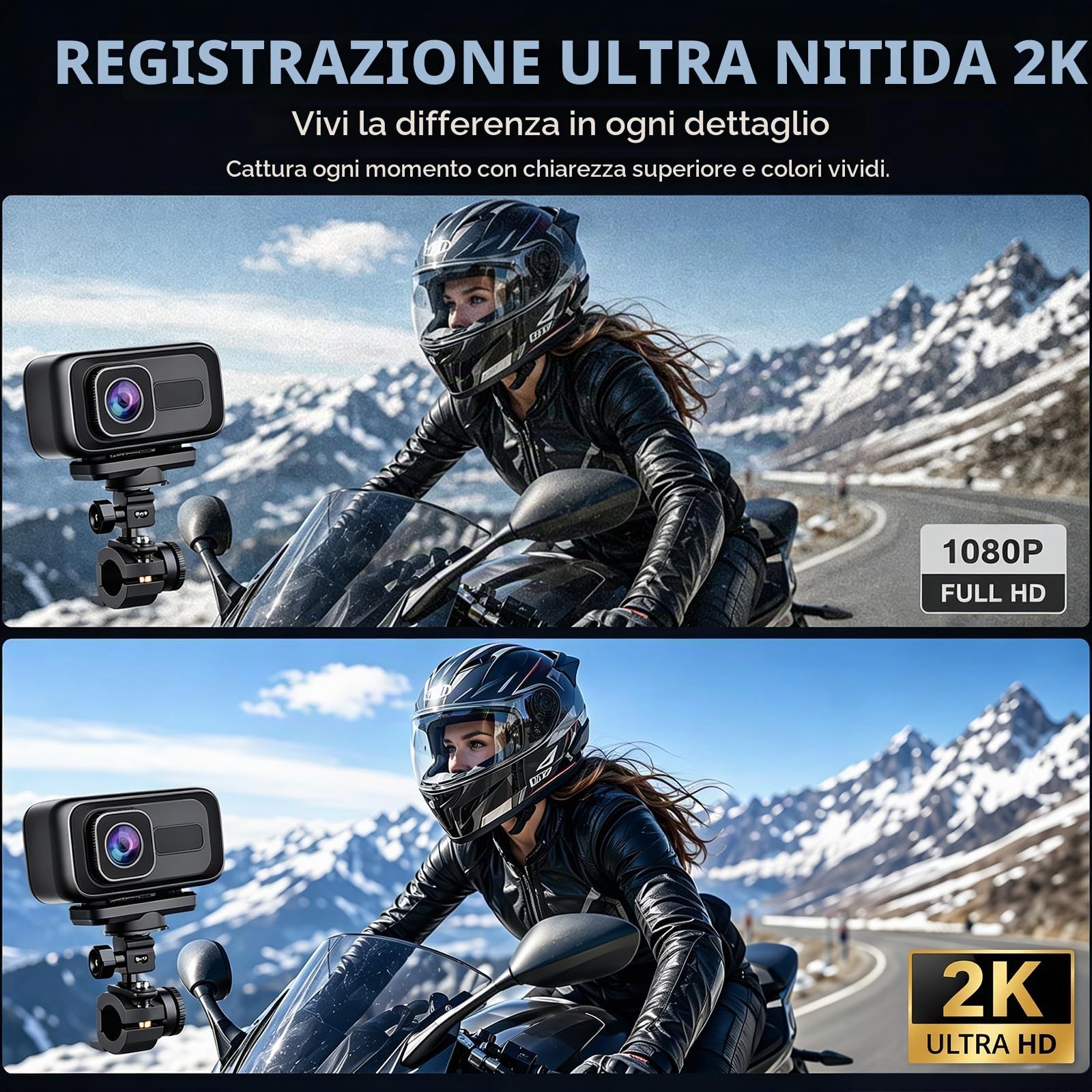 Action Camera portatile, 2K e 120°, grandangolo per moto, Wi-Fi, sensore G, blocco collisione, con IP65, per moto, bici elettriche e sport all'aria aperta