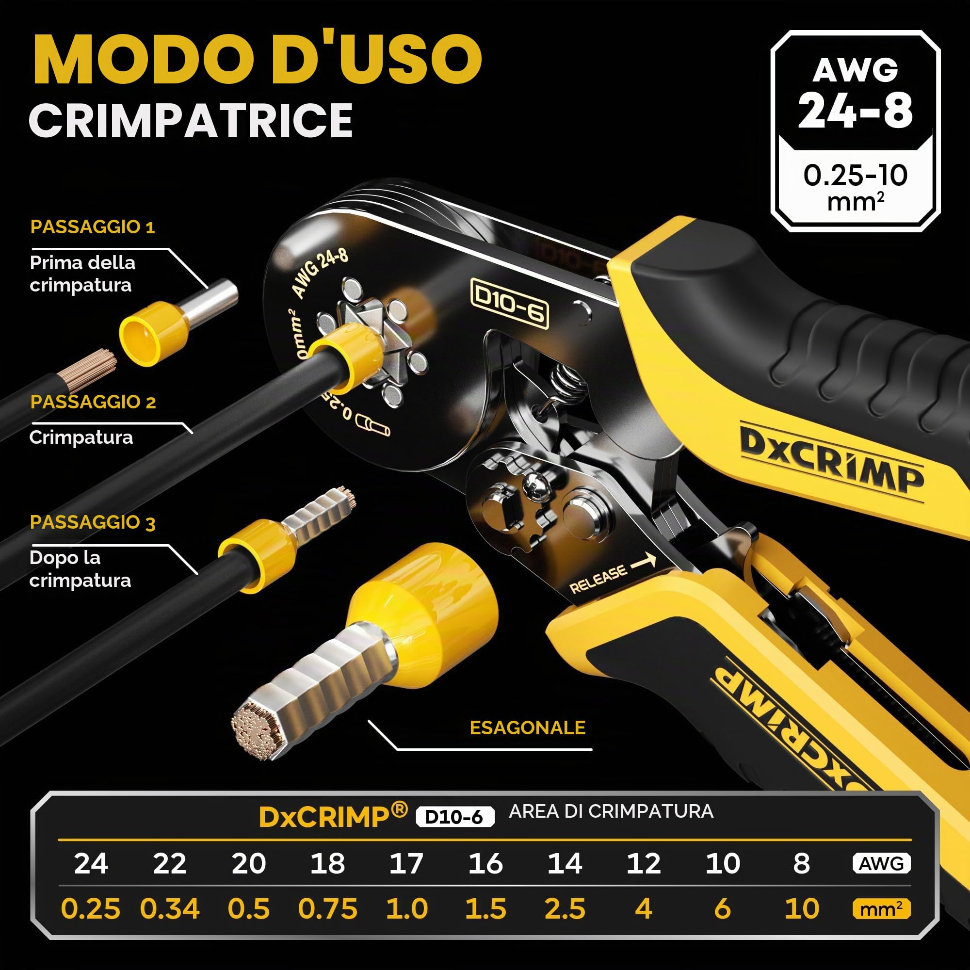 DxCRIMP Set di Pinze Puntalini, Pinza Crimpatrice Capicorda, con 22 tipi di Puntalini isolati, non isolati e bi-wire, Connettori Elettrici 0,25-6 mm² Pinza Puntalini Esagonale, Pressatrice Multistrato