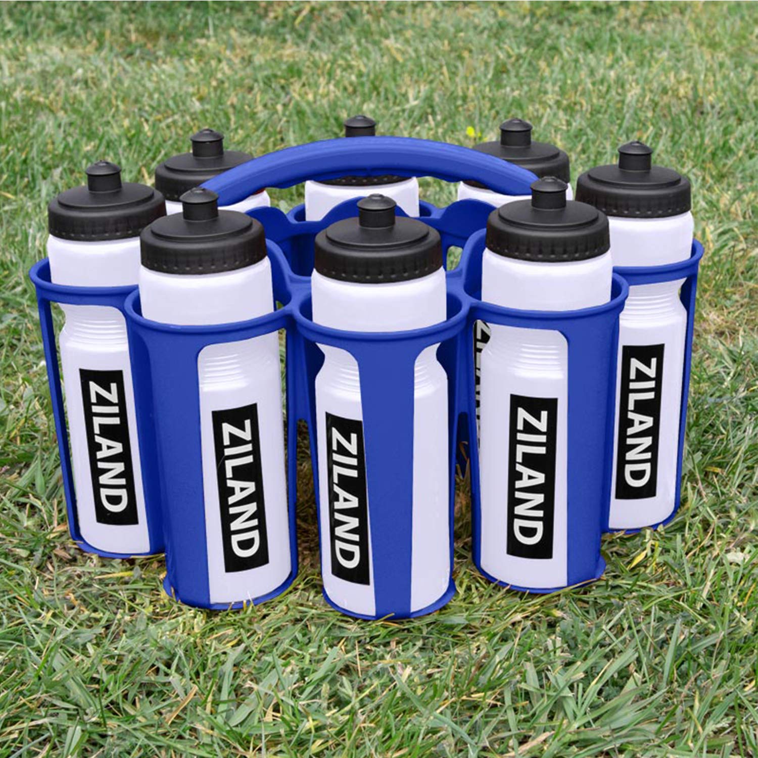 Ziland Academy Easy Squeeze Water Bottle Set - [8 x 700ml Bottles 1 x Carrier] [Choose Your Colour] Designed for Sport Teams (Clear - Blue Carrier)