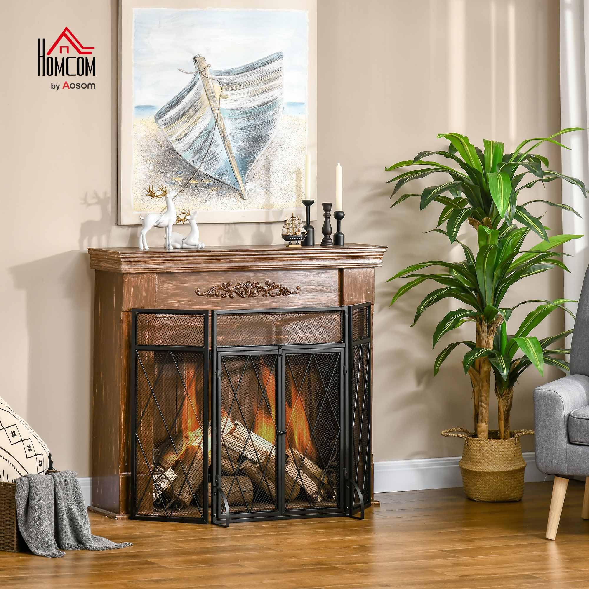 HOMCOM Grille de Protection pour cheminée 120 x 79 cm - Pare-feu pour cheminée ou poêle - Pare-étincelles - barrière de sécurité - 3 Volets Pliables et Porte - métal Noir