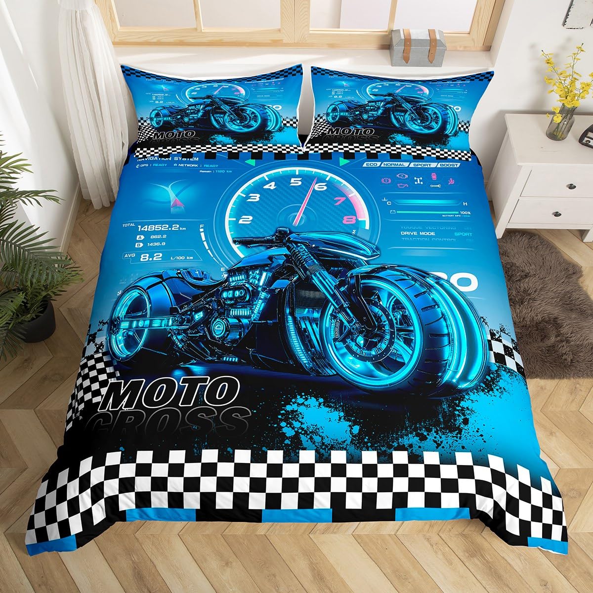 Homemissing Kids Blue Dirt Bike Duvet Cover Super King Size, Racing Motocross Bedding Set Boys Girls Motorcycle Comforter Cover Motorbike Teens Bedspread Cover 3Pcs Zipper (No Comforter) — image 1