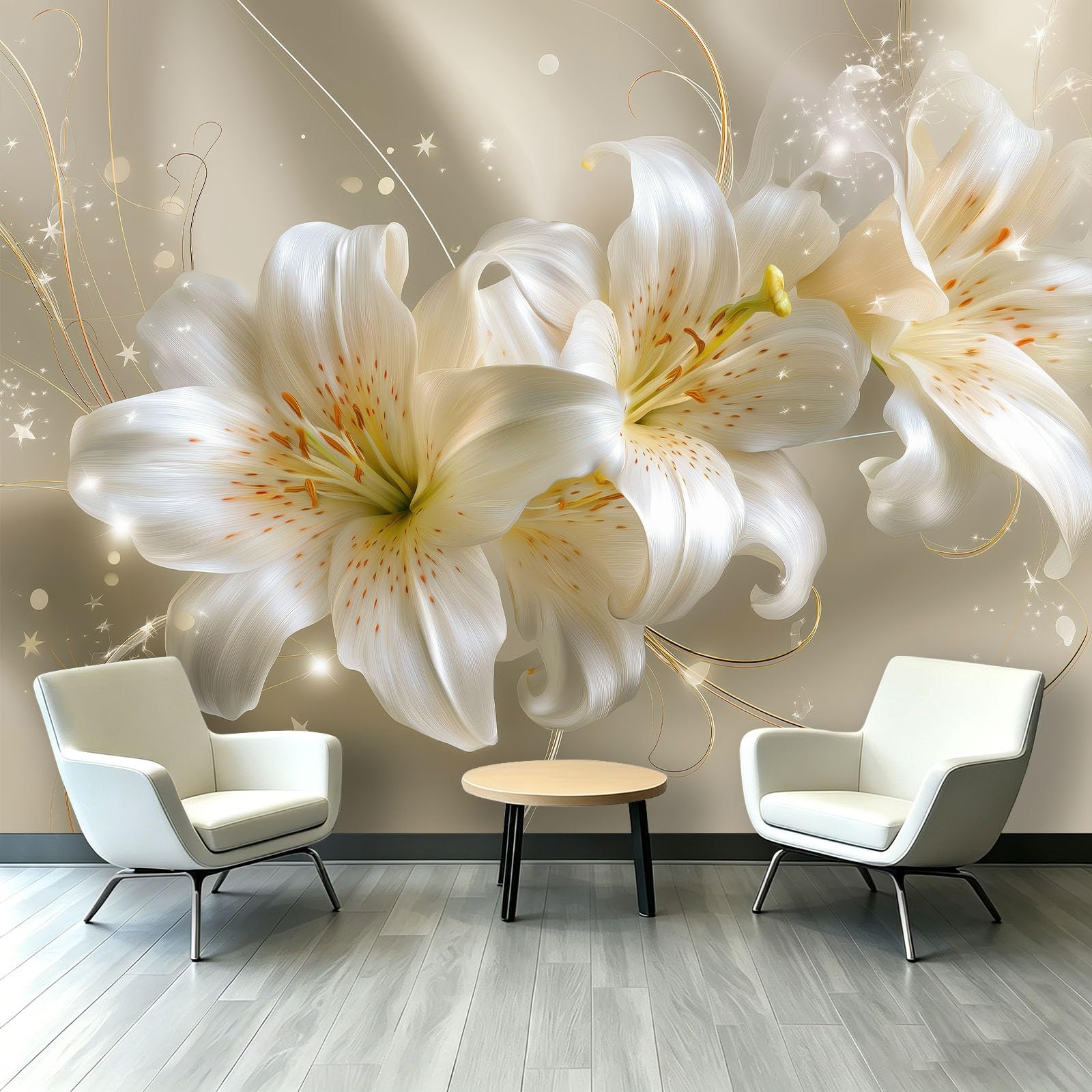 Tapeta - białe lilie gwiazdy linie 350 x 256 cm (szer. x wys.) - włóknina, druk artystyczny, polar, fototapeta ścienna, plakat, nowoczesny, minimalistyczny 3D, do salonu, sypialni i kuchni, fototapeta