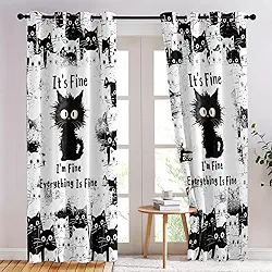 Lindas cortinas de gato para quarto, cortinas engraçadas de gatos pretos para janelas, cortina de cozinha gatinho, 132 x 213 cm de comprimento, 2 painéis, presentes para amantes de gatos