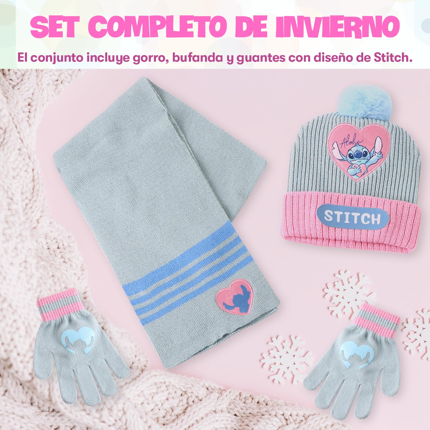 Set de invierno Stitch para niña – Gorro, bufanda y guantes Disney – Conjunto cálido y suave – Regalo ideal para fans de Stitch