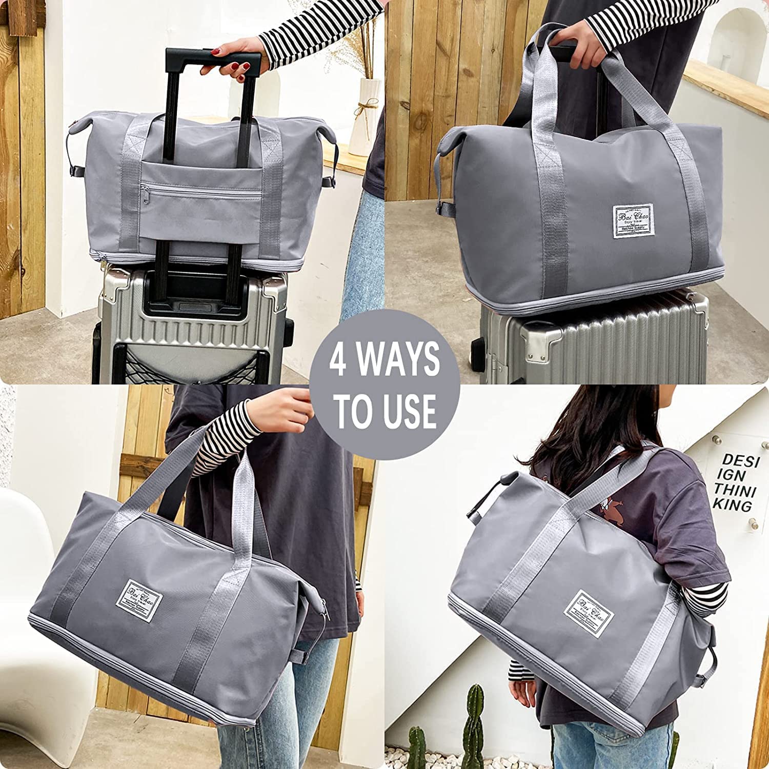 Bolsa de viaje plegable de gran capacidad, ligera, impermeable, bolsa de equipaje de viaje, bolsa de viaje para mujeres y hombres, Gris, Equipaje