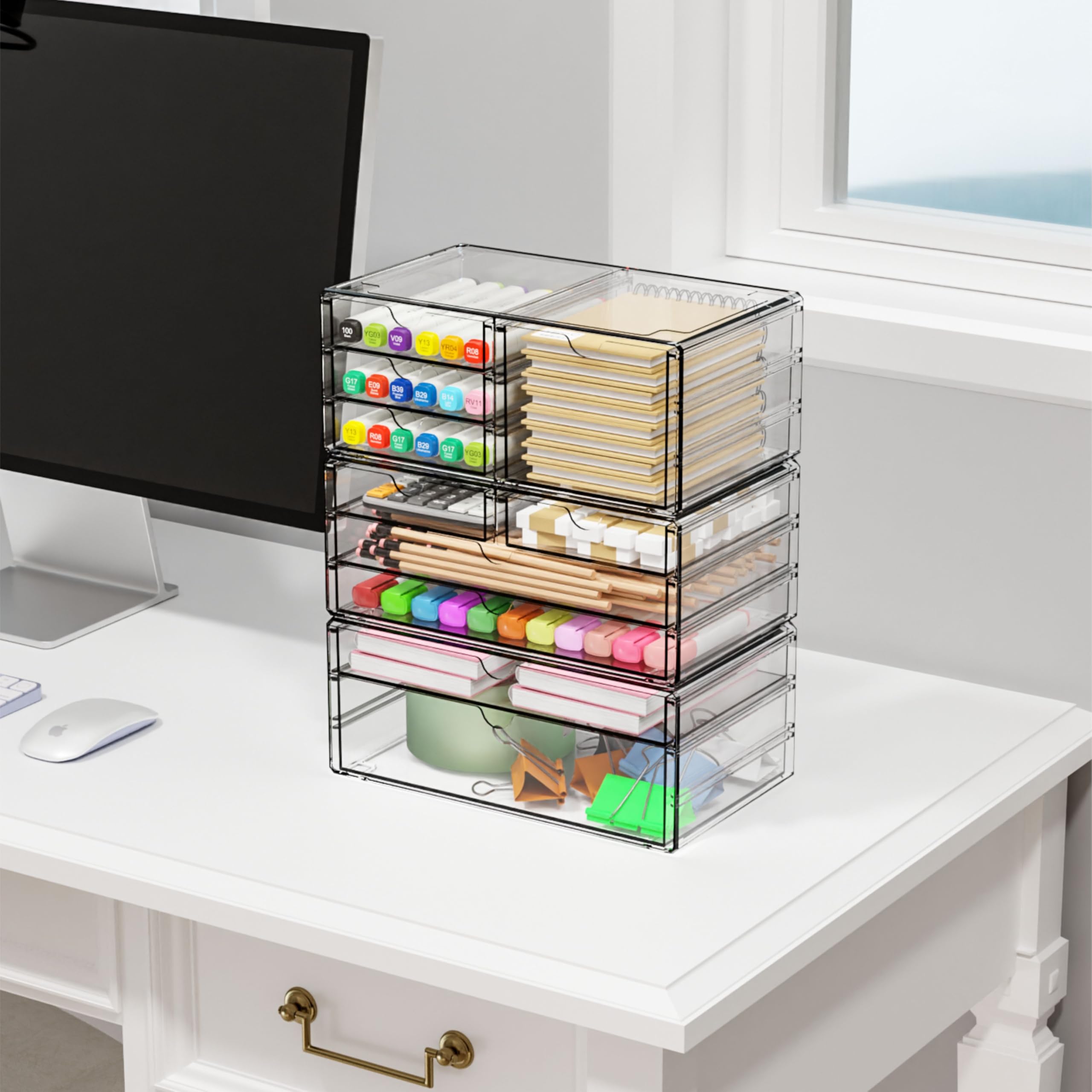 Organizer per cassetti in acrilico, impilabile, 28,2 cm, grandi cassetti trasparenti e organizer per trucchi per vanità, piano di lavoro del bagno, armadietto, dispensa, contenitori per forniture per