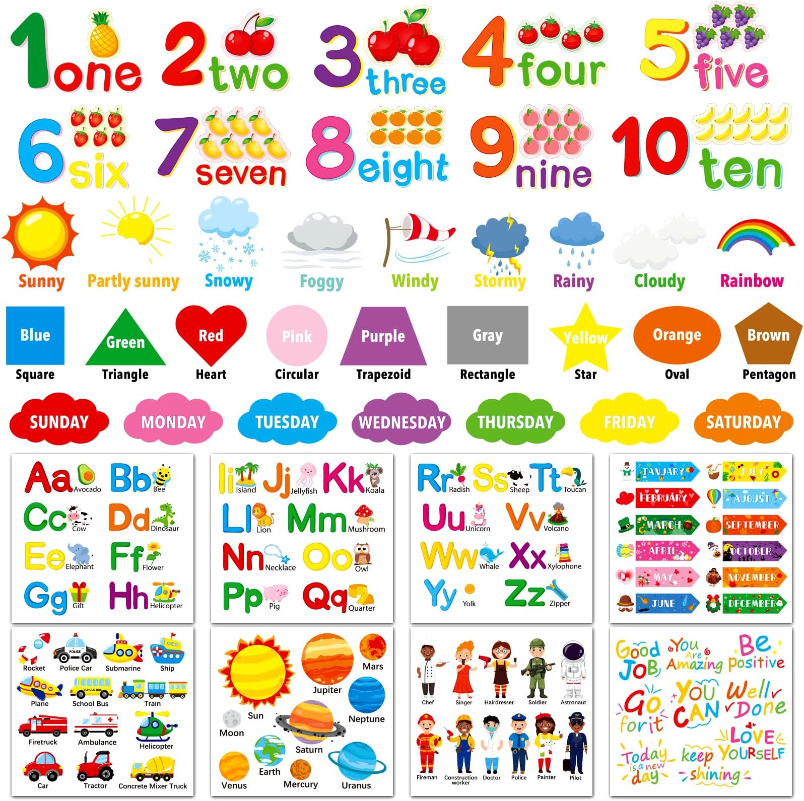 Educational Wall Decals Stickers Decor 12 Sheets Alphabet Number Animal Color Weather Inspirational Quotes Wall Decals Peel and Stick Removable Stickers for Kids Classroom Playroom Bedroom Decorations