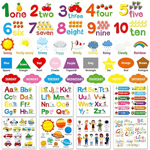 Miniatura 1 de Calcomanías de pared con números del alfabeto, 12 hojas de calcomanías de pared educativas para aprendizaje de clima de color, calcomanías de pared